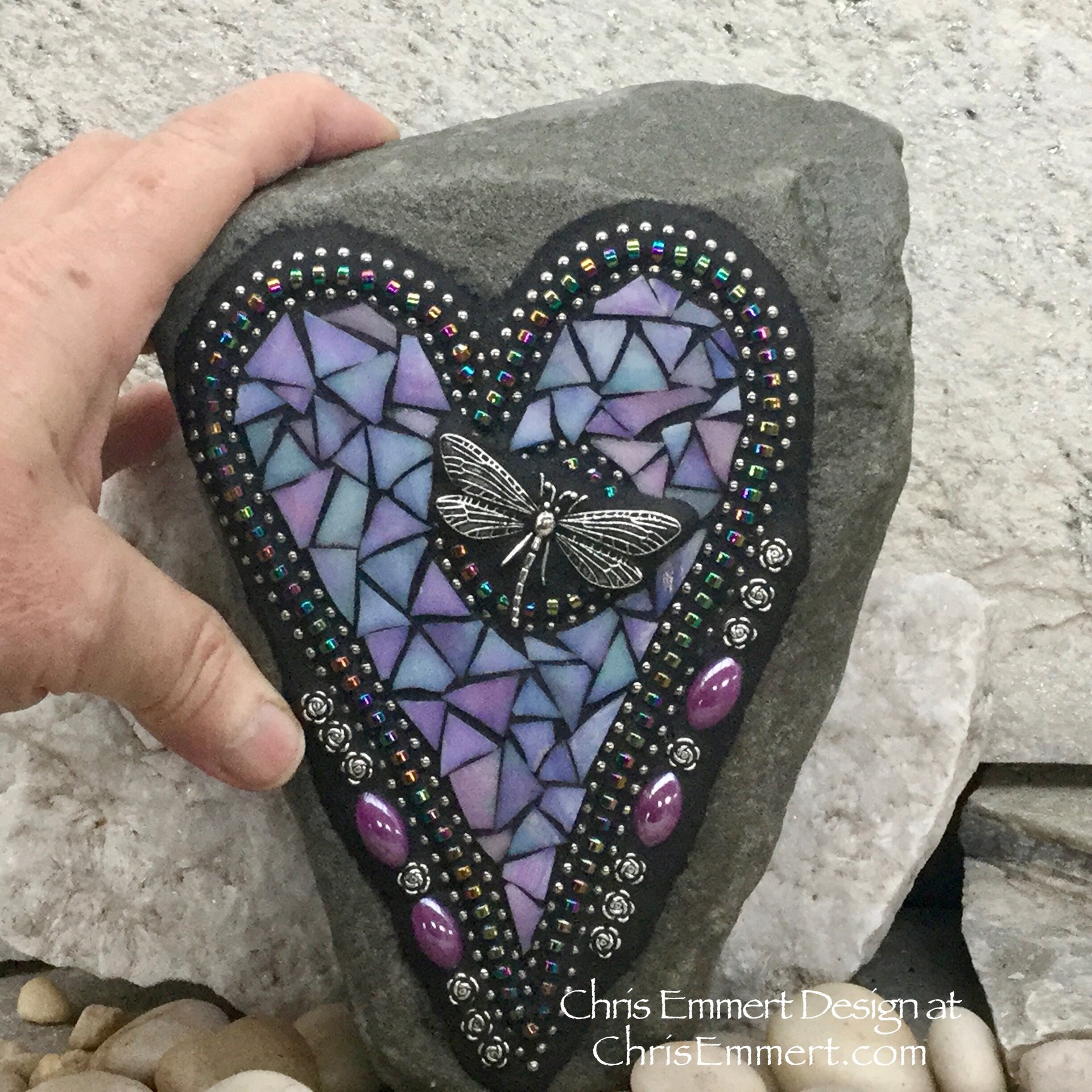 Iridescent Lavender Heart with Dragonfly, Garden Stone, Mosaic, Garden Decor