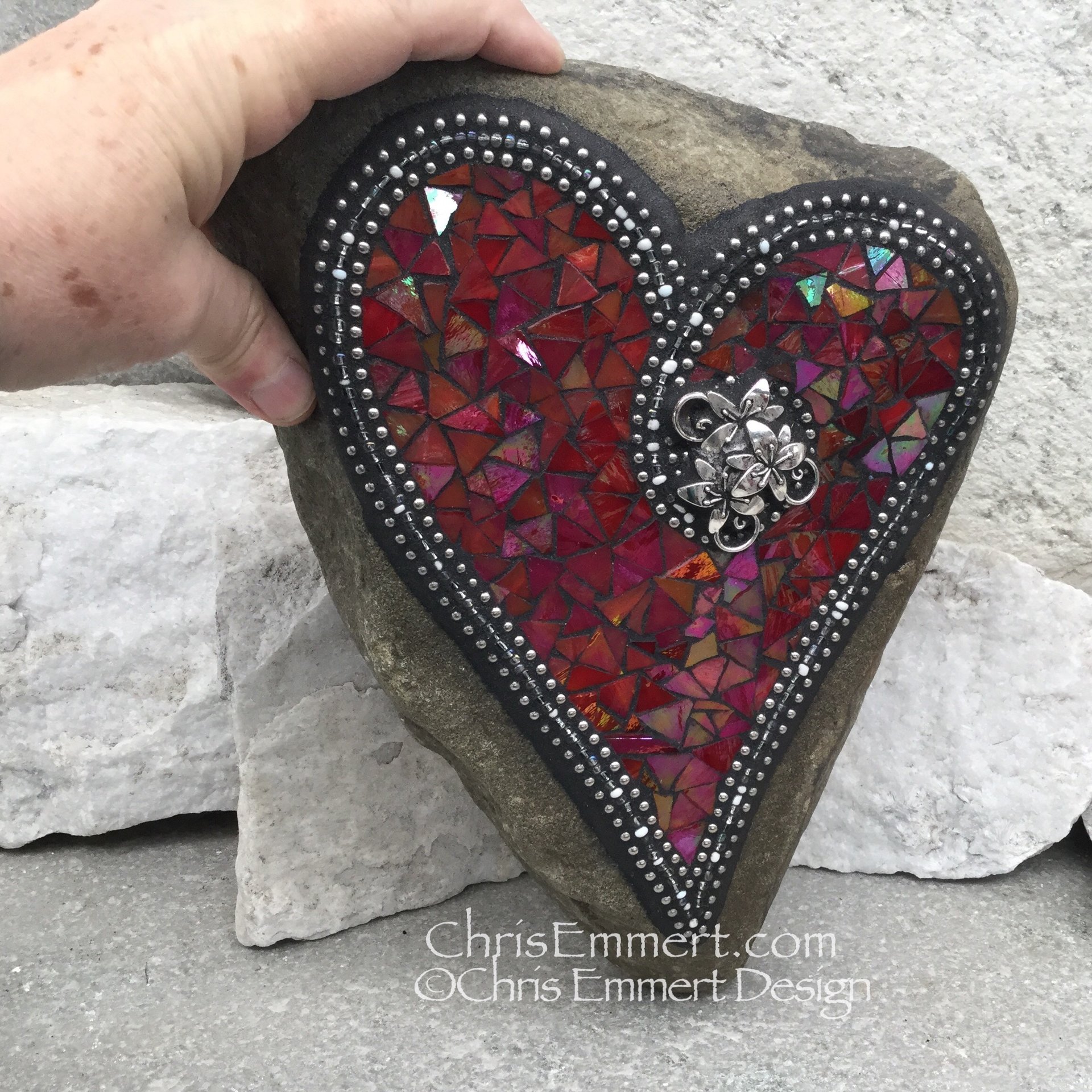 Reserved Iridescent Red Heart Mosaic Rock, Gardener Gift, Home Decor, Mosaic Garden Stone