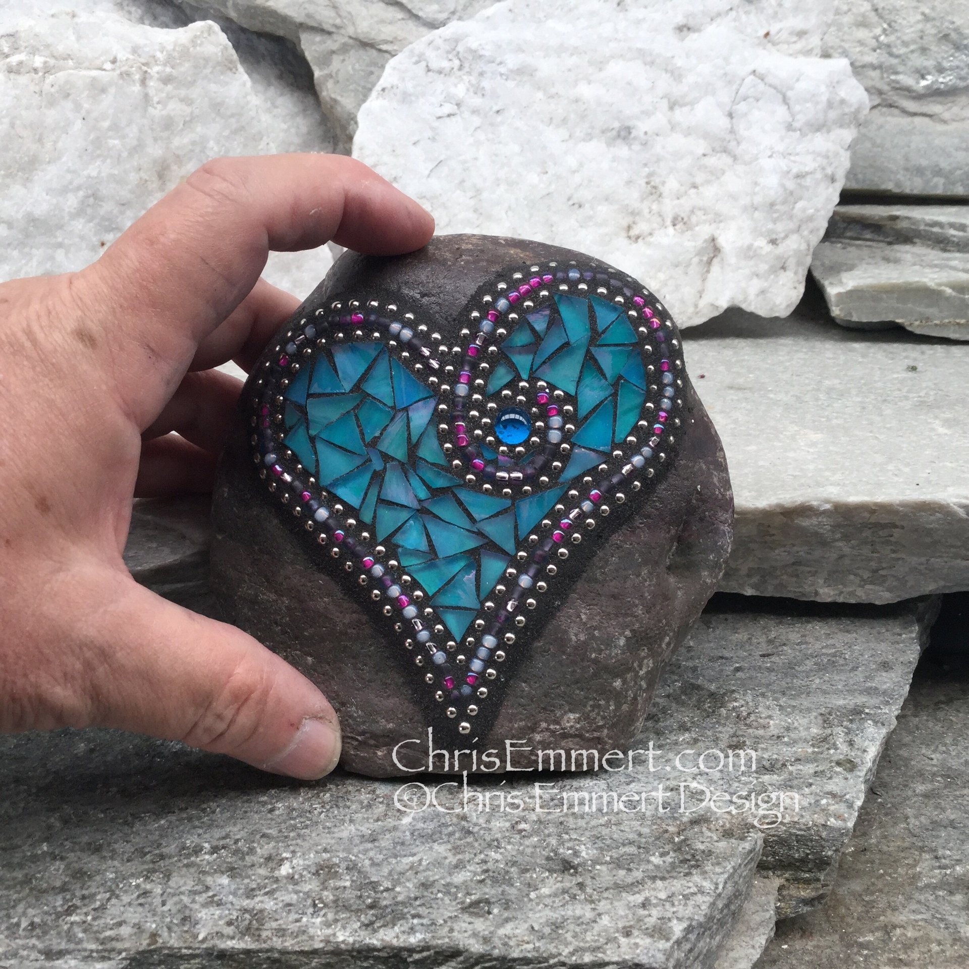 Iridescent Bright Blue Mosaic Heart, Mosaic Garden Stone, Gardner Gift, Garden Decor, Mosaic Rock