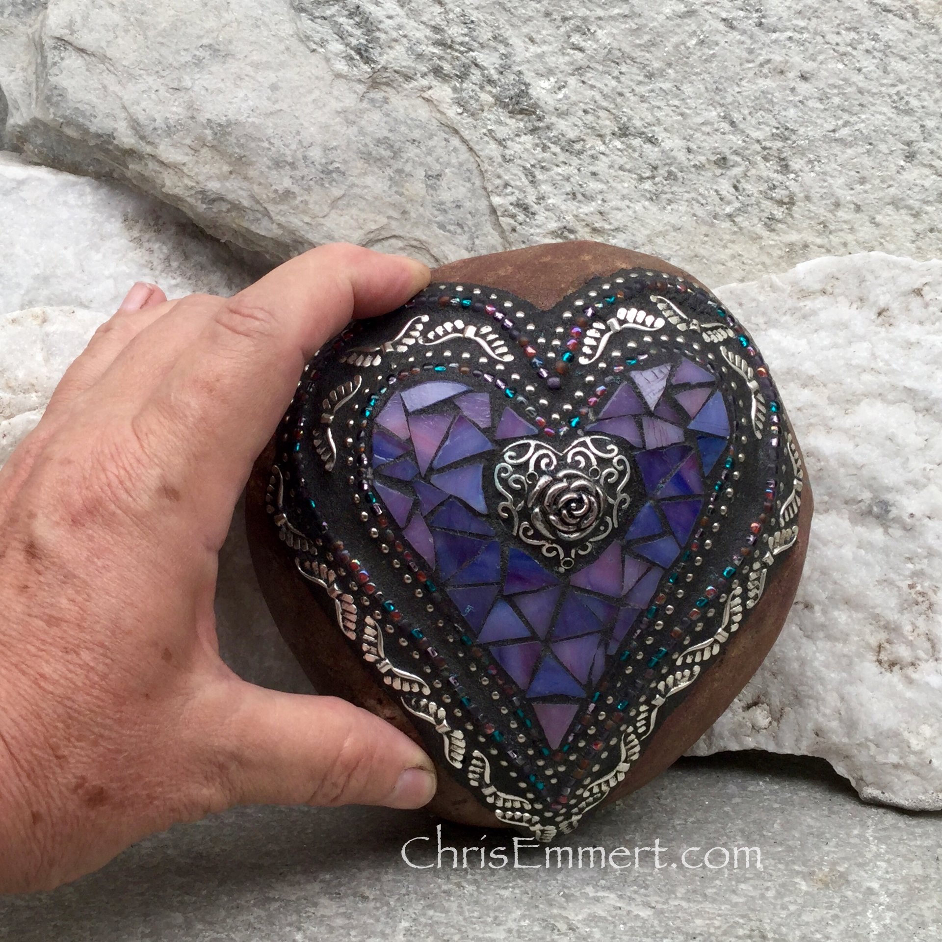 Purple Angel Wing Mosaic Heart, Mosaic Rock, Garden Stone, Home Decor, Gardener Gift, Garden Decor,