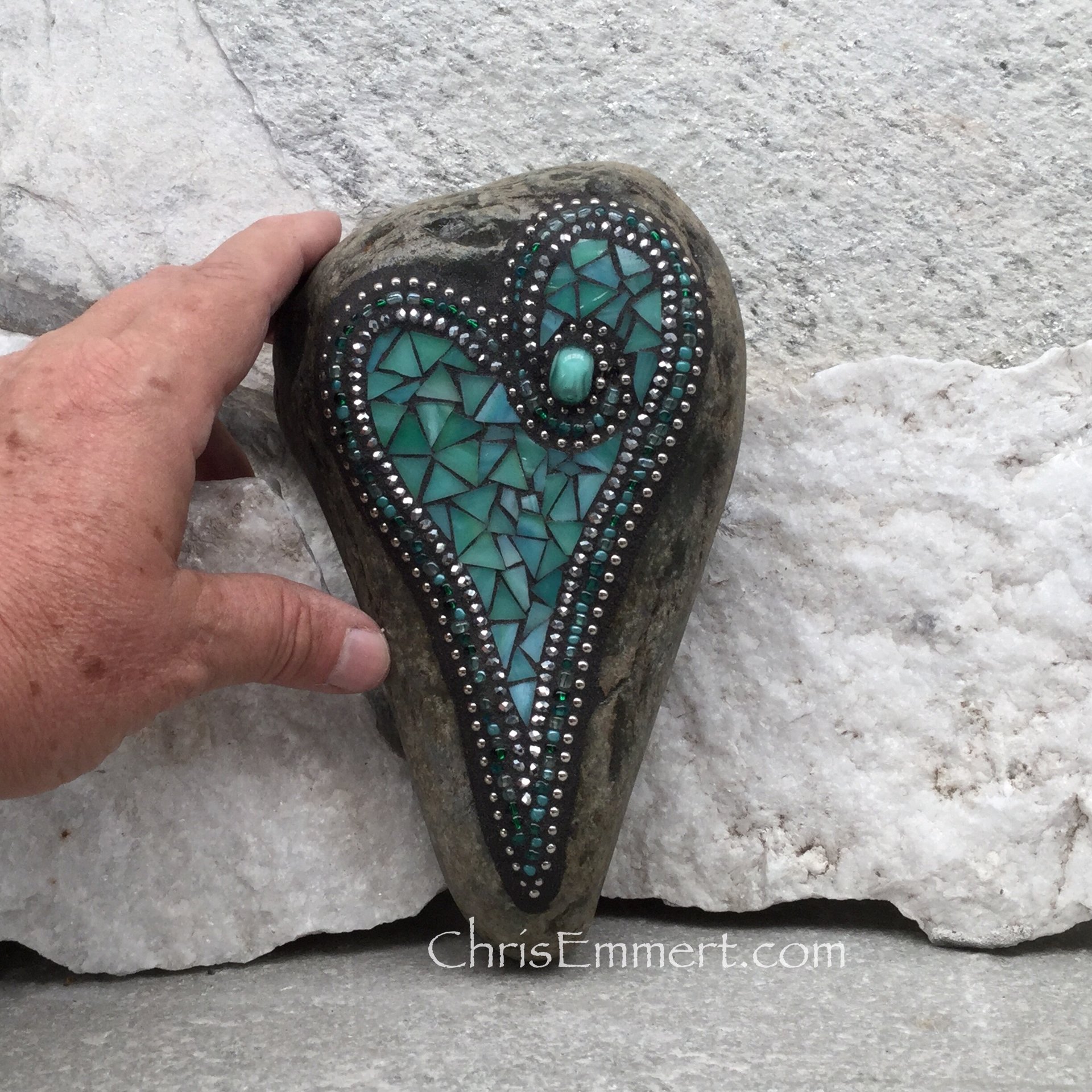 Teal Green Heart, Garden Stone, Mosaic, Garden Decor