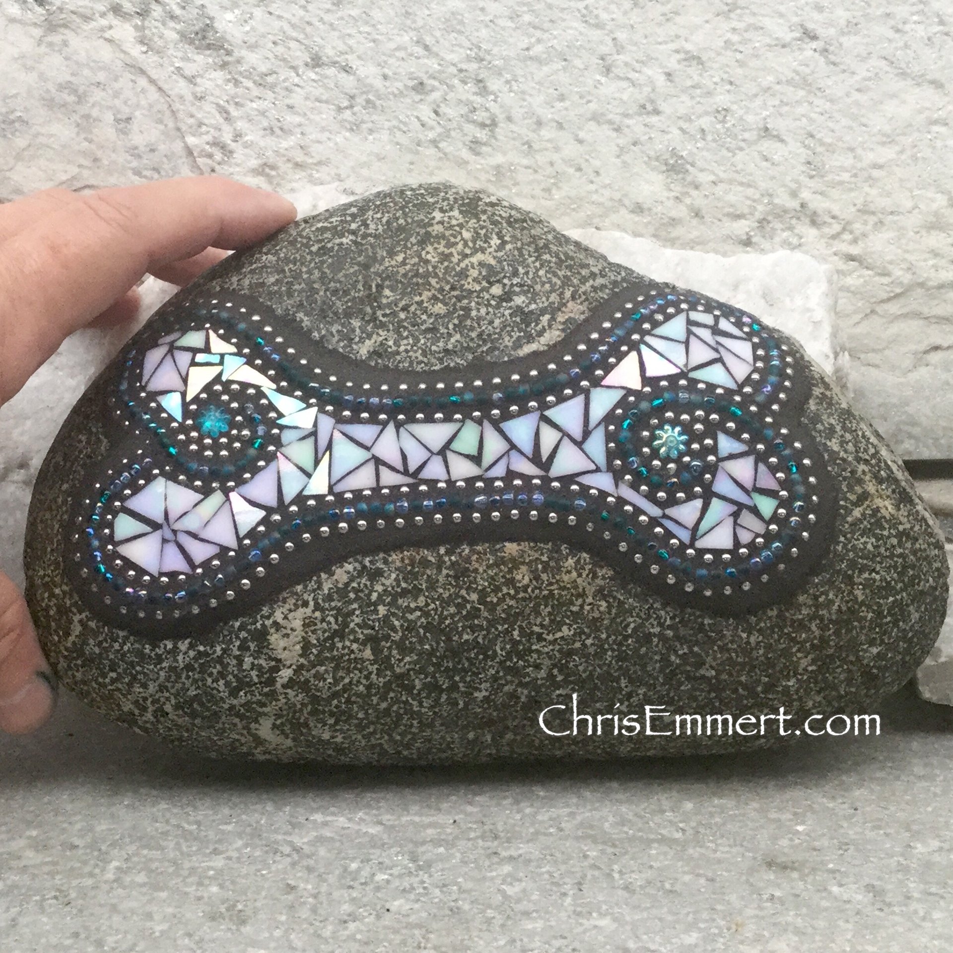 Iridescent White Bone, Pet Mosaic Garden Stone /Blues