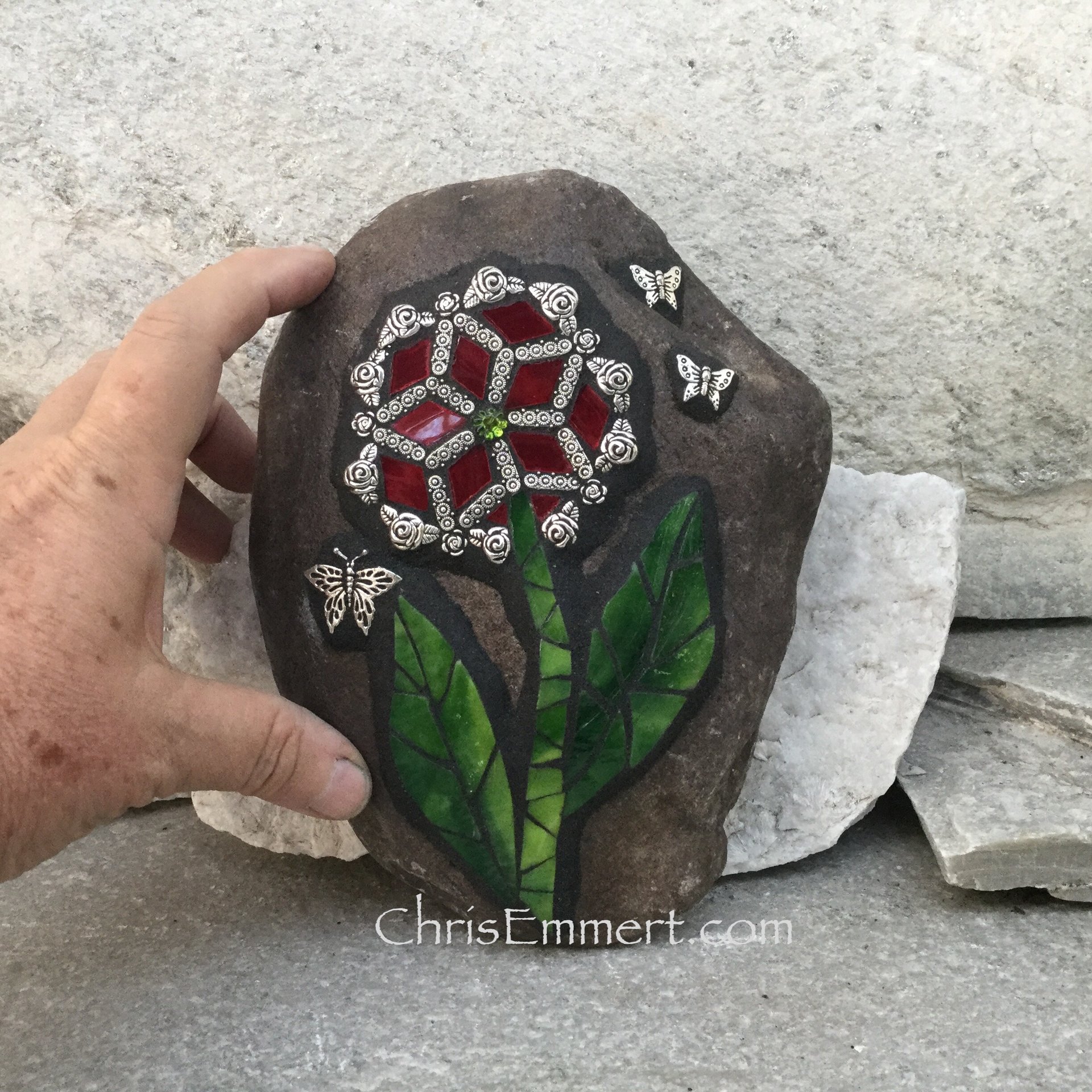 Red Mirror Mosaic Flower, Garden Stone, Garden Decor, Home Decor, Gardener Gift