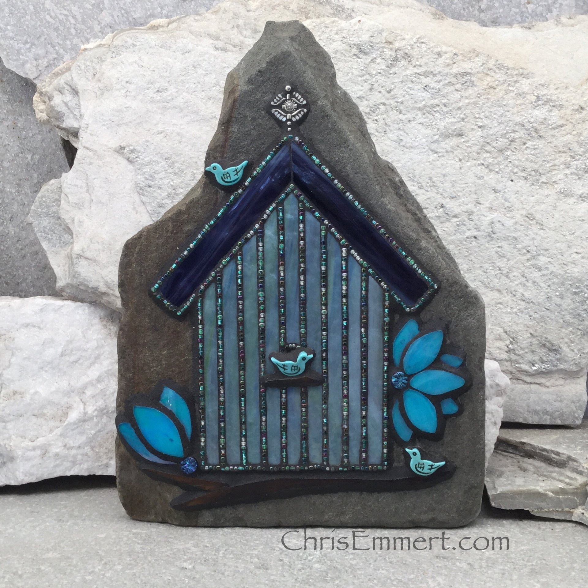 Large Iridescent Blue Mosaic Birdhouse, Mosaic Garden Stone, Gardner Gift, Garden Decor, Mosaic Rock