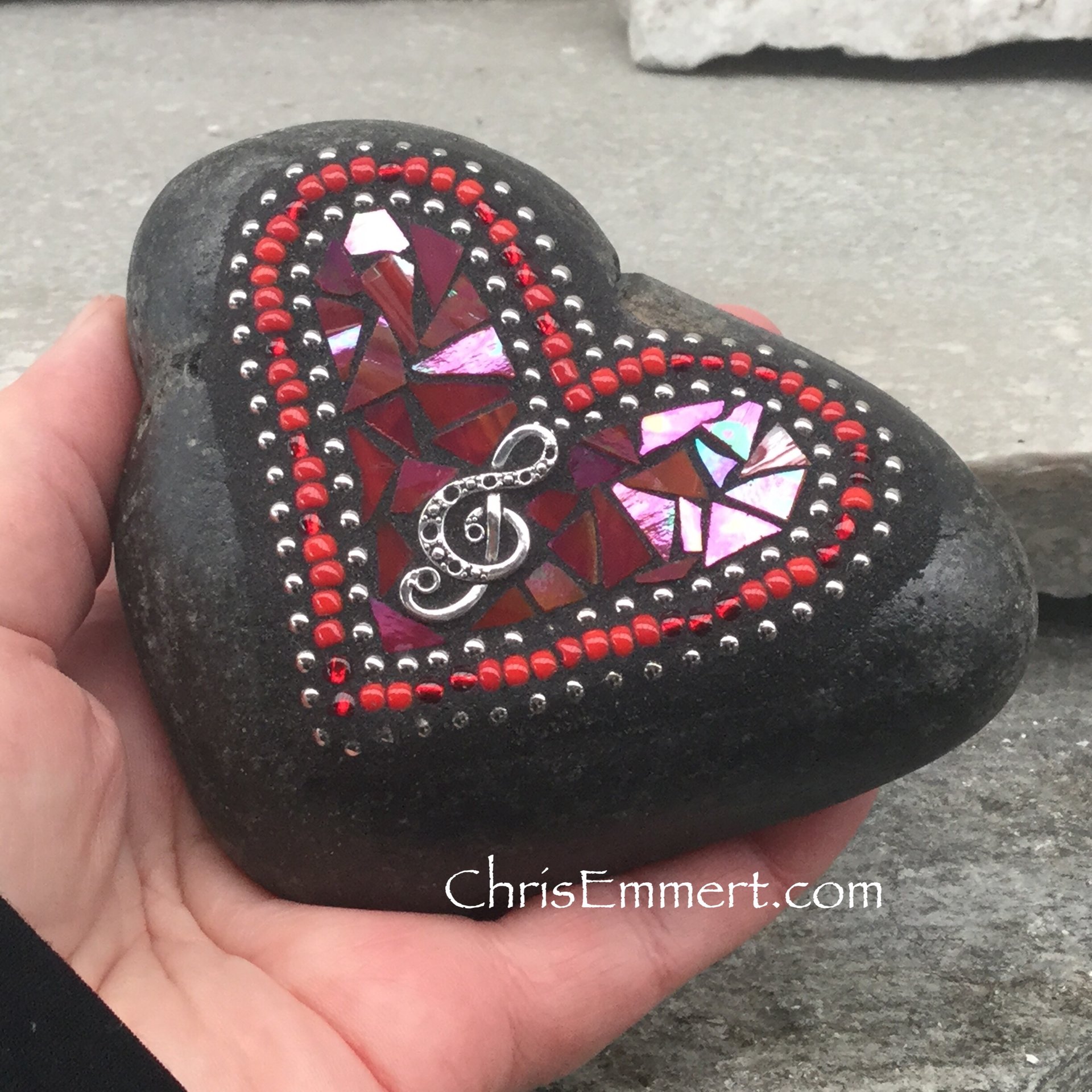 Red Valentine Heart, Music, G -clef, Mosaic Paperweight / Garden Stone