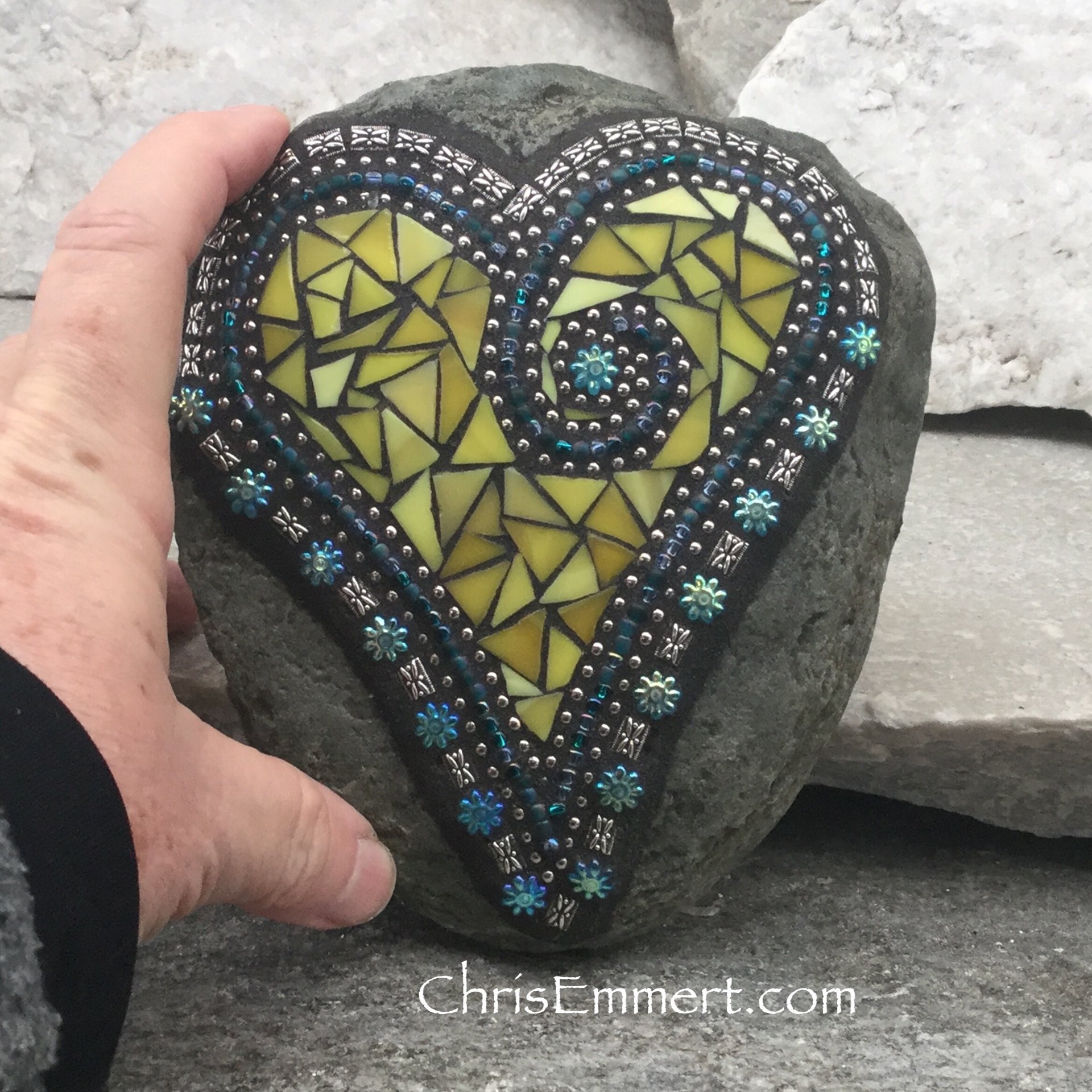 Yellow Mosaic Heart   - Garden Stone