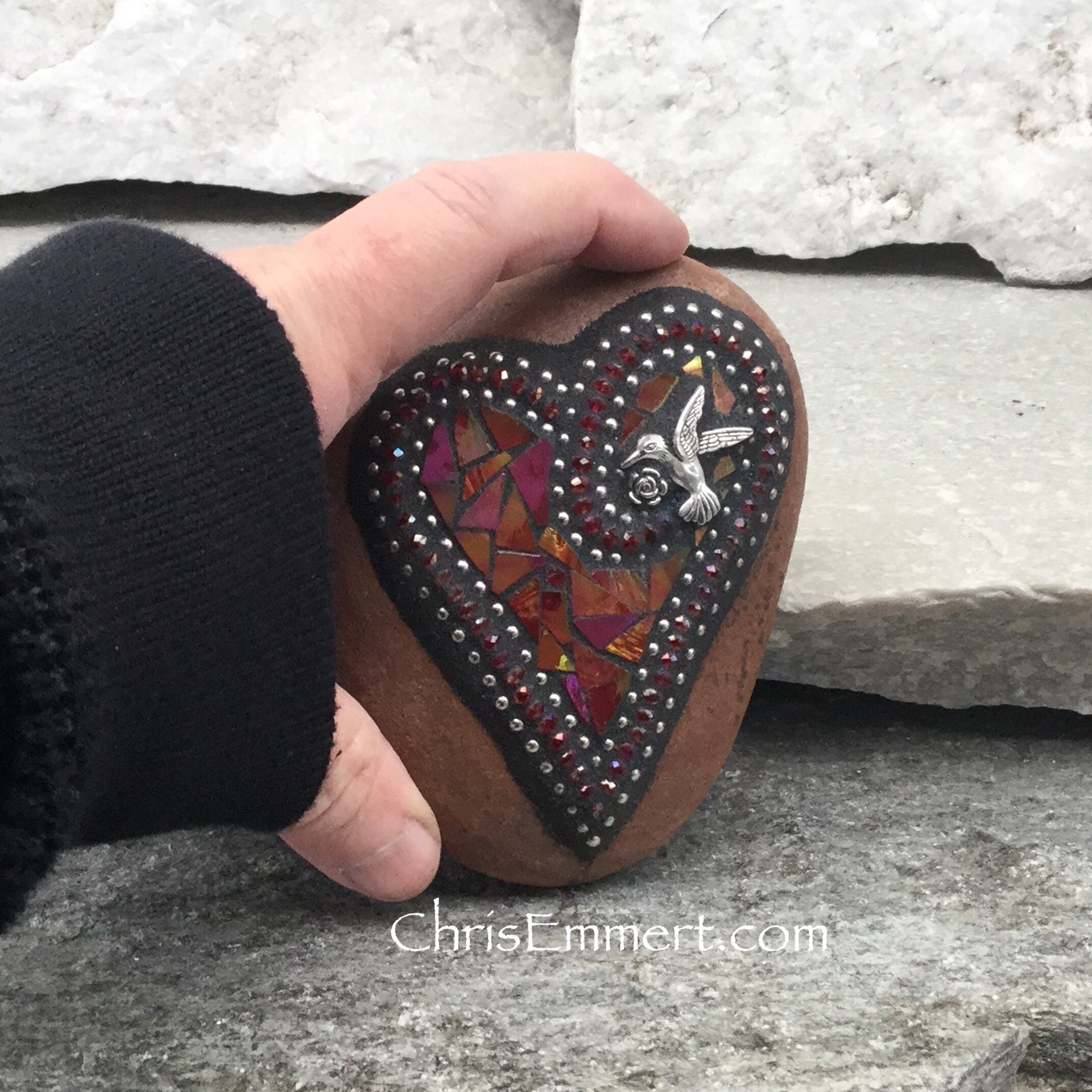 Iridescent Red Valentine Heart, Mosaic Paperweight / Garden Stone with Hummingbird