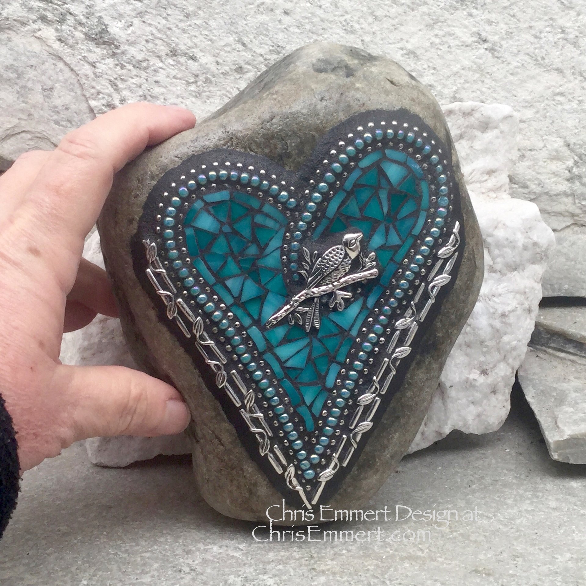 Turquoise Heart with Bird, Garden Stone, Mosaic, Garden Decor