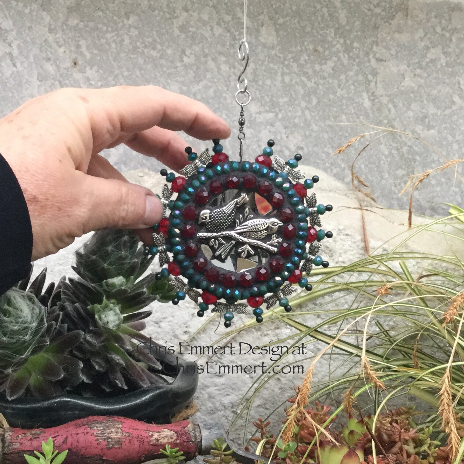 Pewter Birds Mosaic Garden Spinner, Teal /Red Rays, Home Decor, Garden Decor, Gardening Gift,