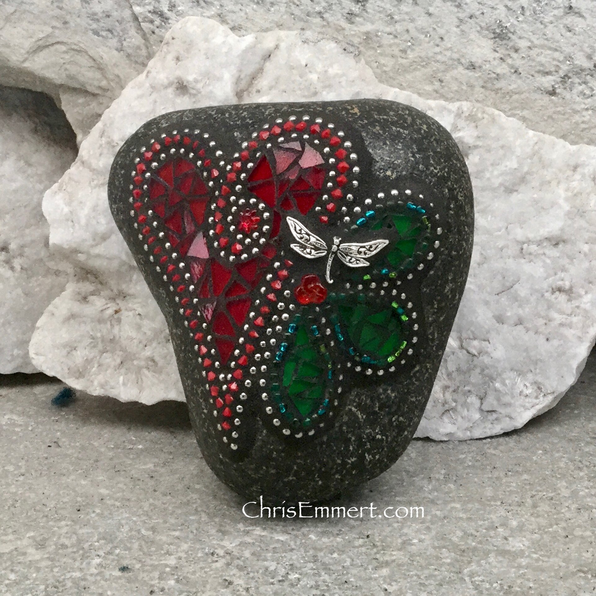 Deep Red Valentine Heart, Garden Stone, Green Flower