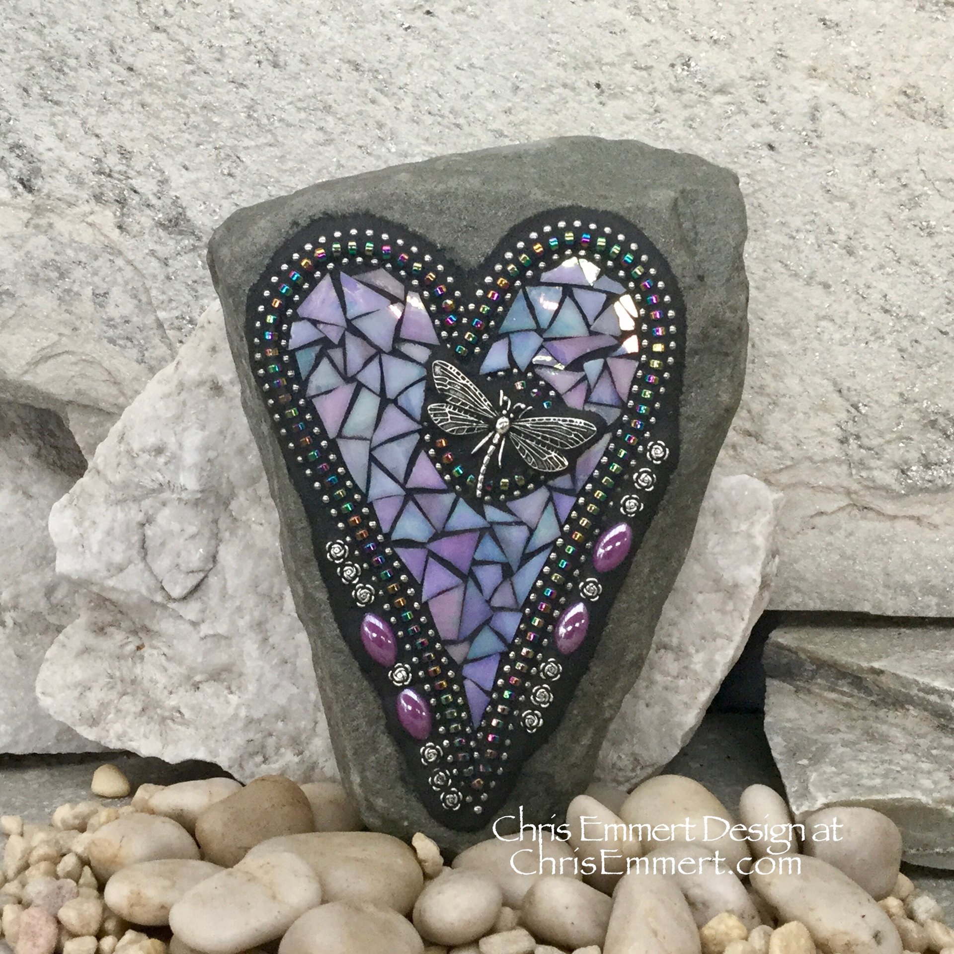 Iridescent Lavender Heart with Dragonfly, Garden Stone, Mosaic, Garden Decor