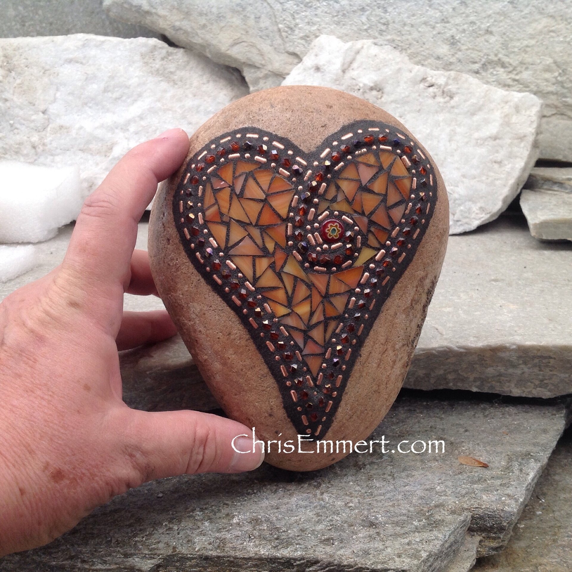 Orange Mosaic Rock, Gardener Gift, Home Decor, Mosaic Garden Stone