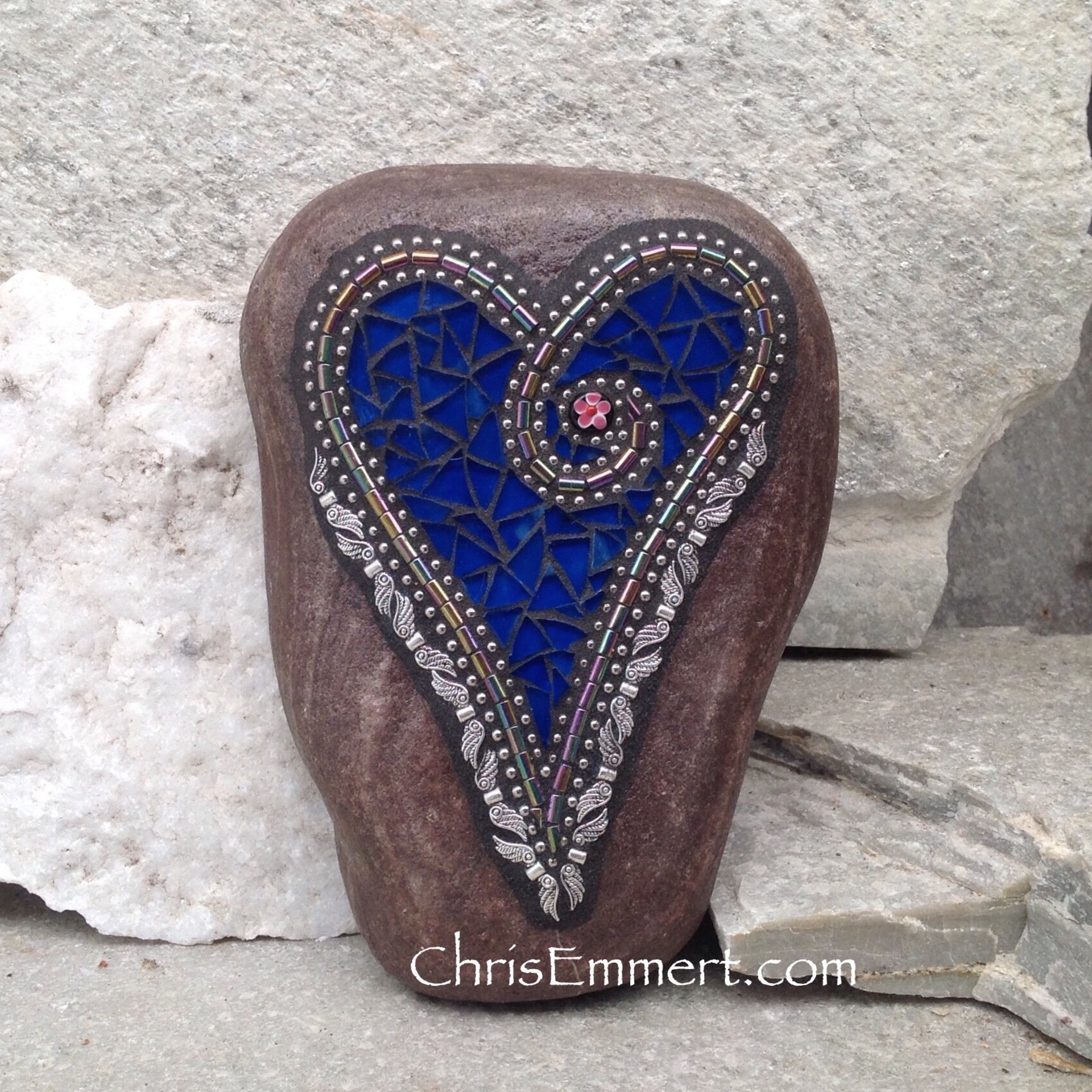 Cobalt Blue Angel Wing Heart, Garden Stone, Mosaic, Garden Decor
