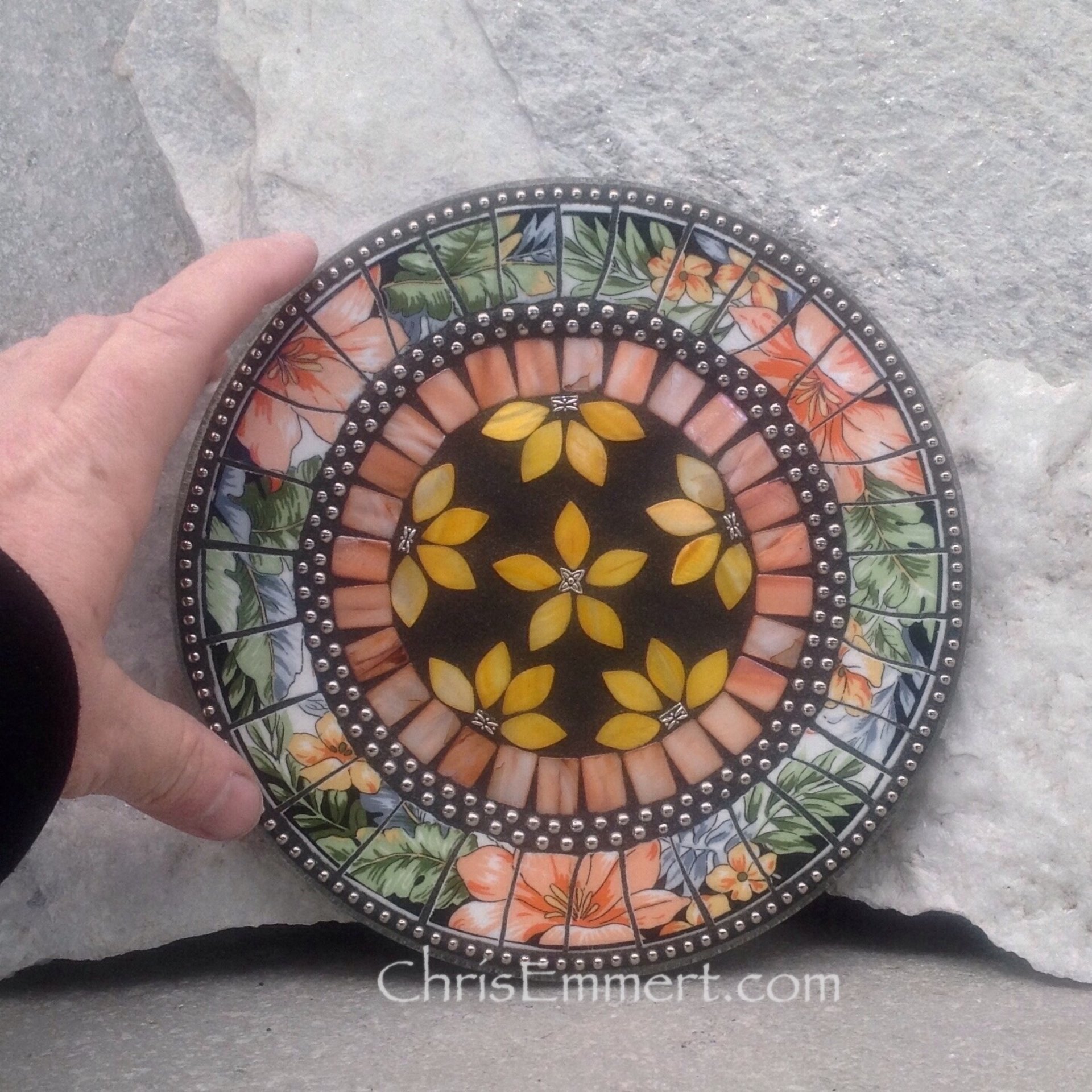 Mosaic Trivet, Candle Plate, Home Decor,  Mixed Media Art, Yellow Orange, Green, Peach and Black