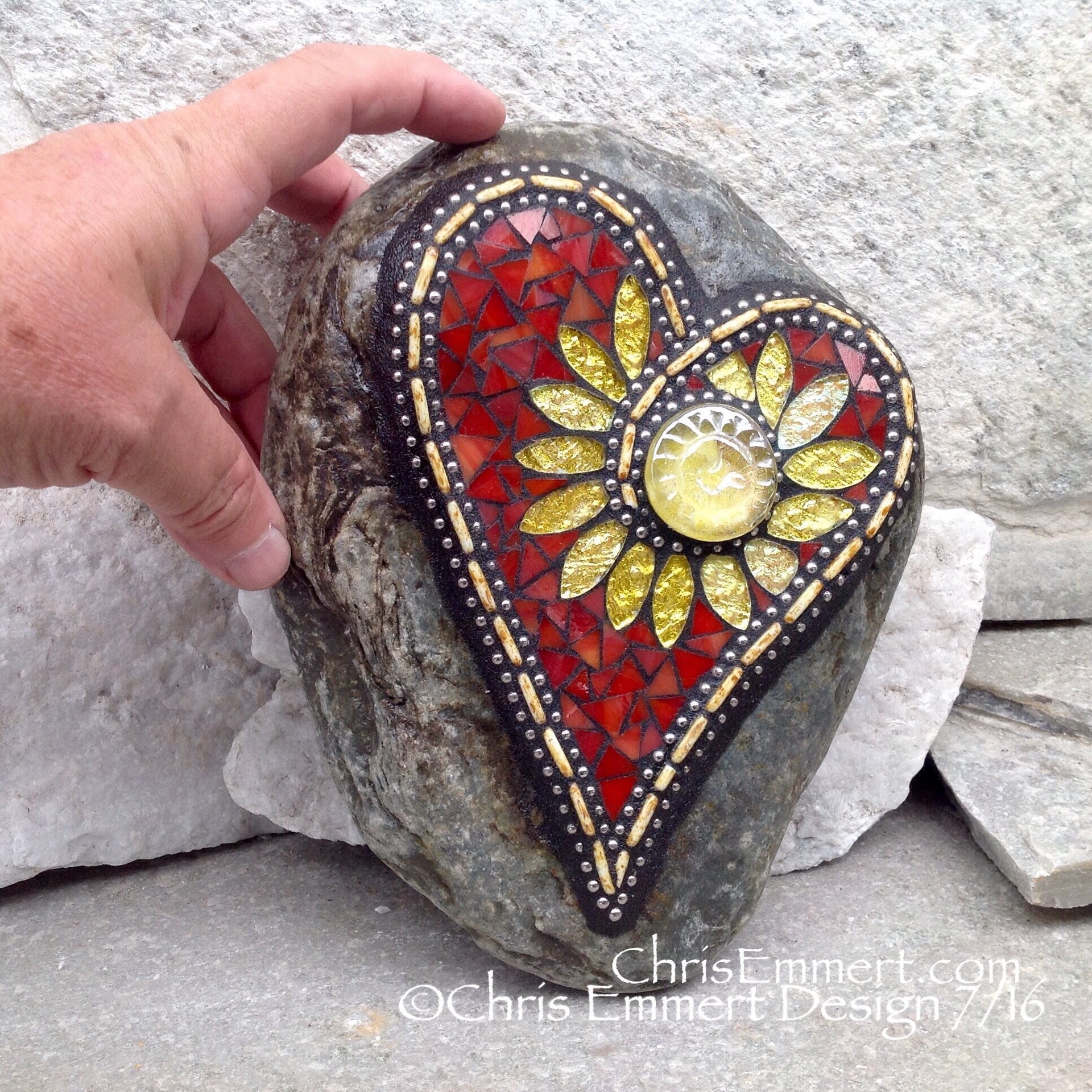 Sunflower Heart, Mosaic Rock, Gardener Gift, Home Decor, Mosaic Garden Stone