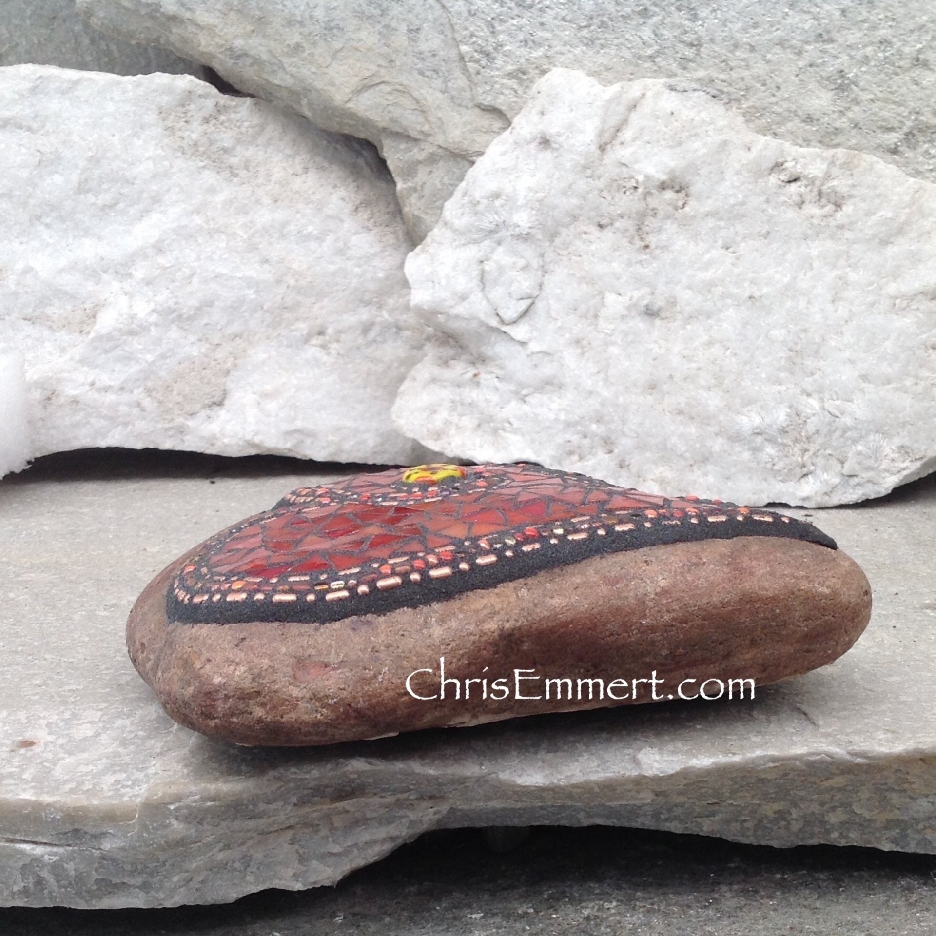 Red/Orange Mosaic Rock, Gardener Gift, Home Decor, Mosaic Garden Stone