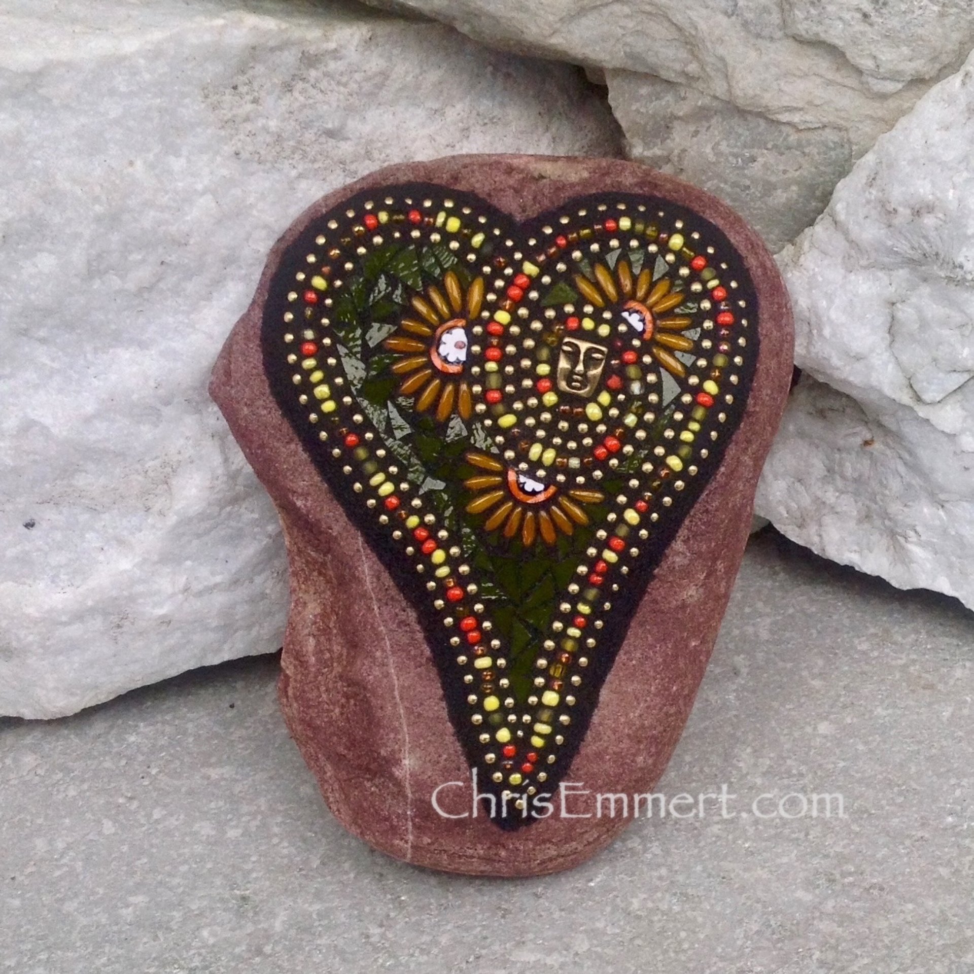 Green Heart with Orange Flowers and Brass Face,  Mosaic Garden Stone