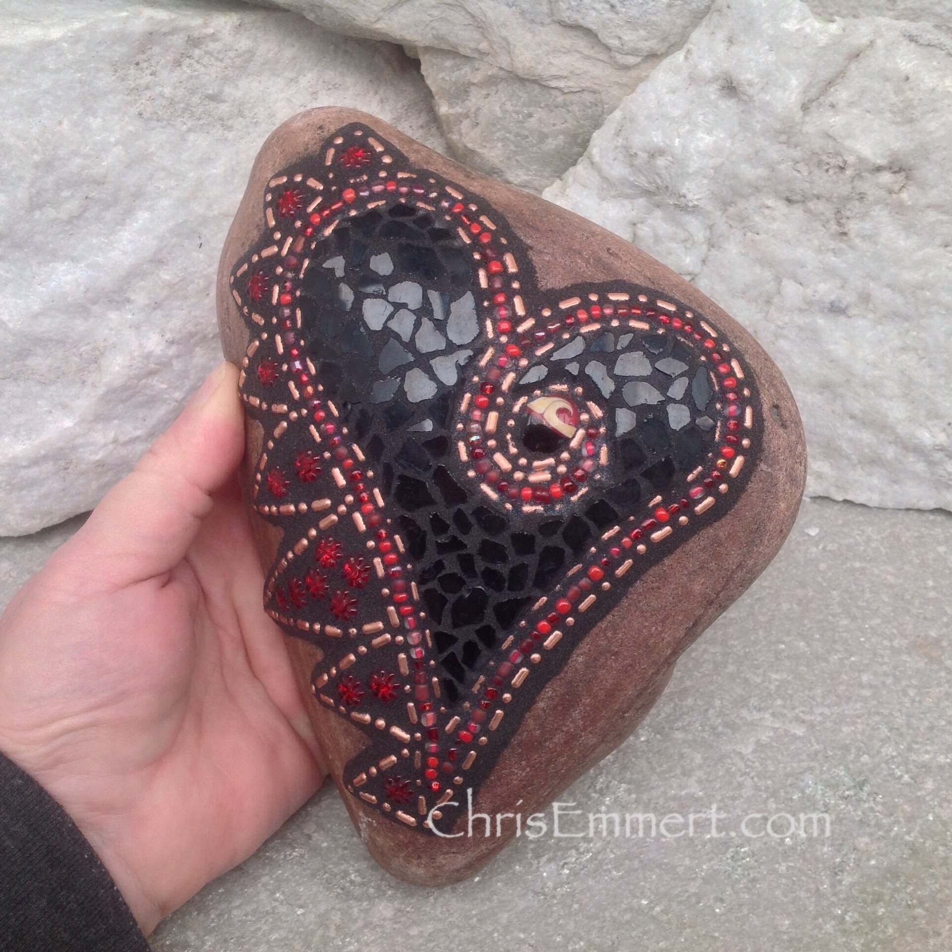 Black Angel Wing Mosaic Heart, Mosaic Rock, Garden Stone, Home Decor, Gardener Gift, Garden Decor,