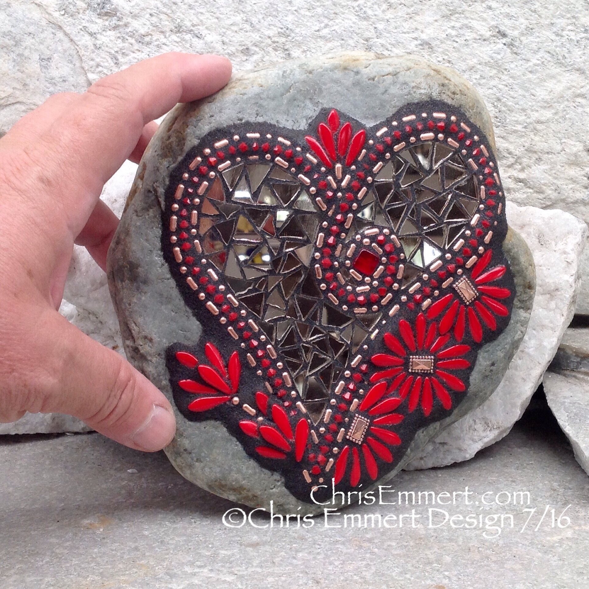 Copper, Red Flowers and Bronze Mirror, Heart Mosaic -Garden Stone