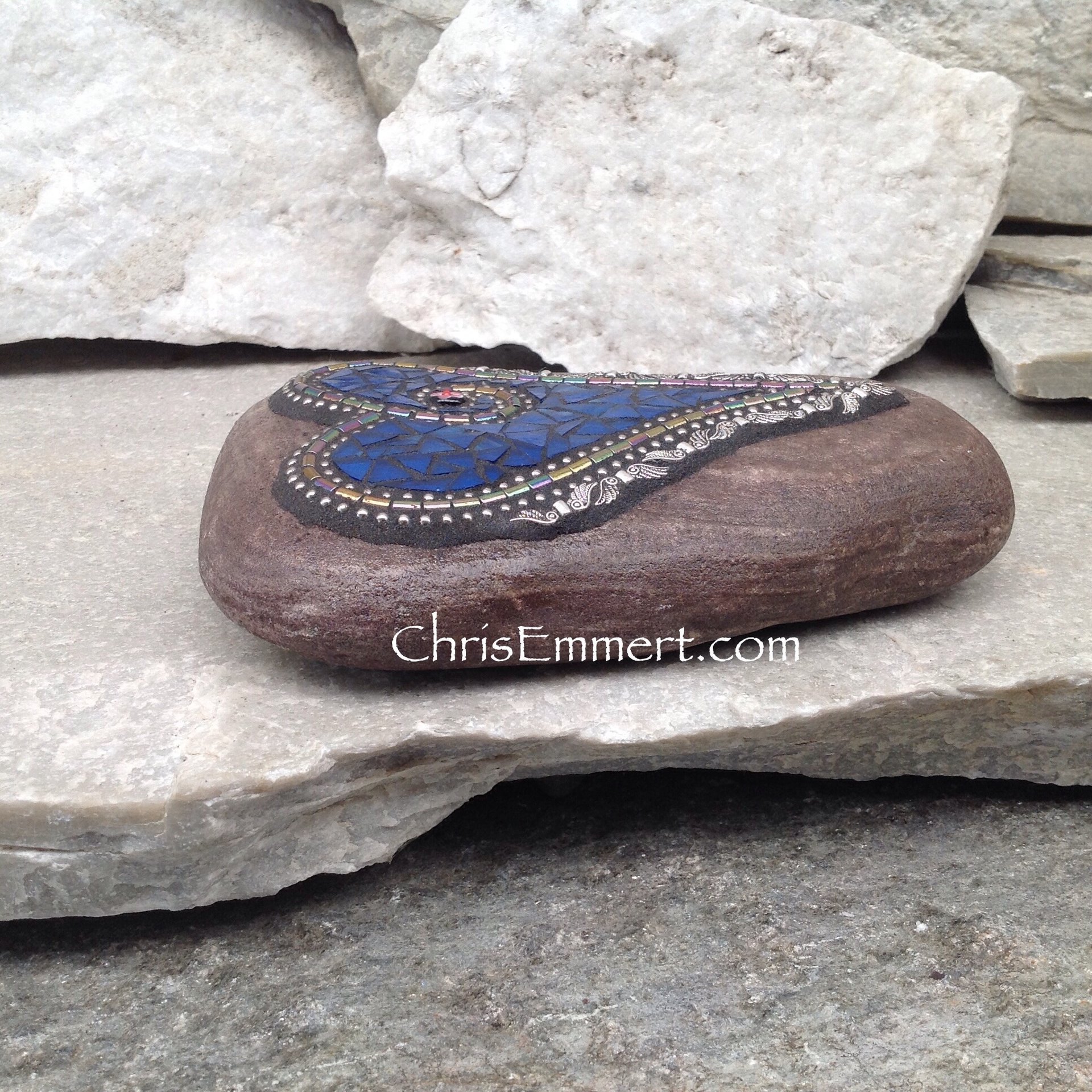 Cobalt Blue Angel Wing Heart, Garden Stone, Mosaic, Garden Decor