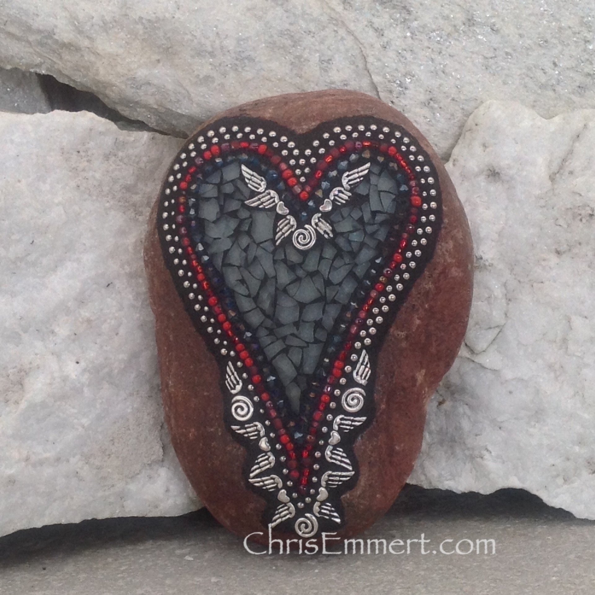 Angel Wing Mosaic Heart, Smoked Gray Heart, Mosaic Rock, Garden Stone, Home Decor, Gardener Gift, Garden Decor,