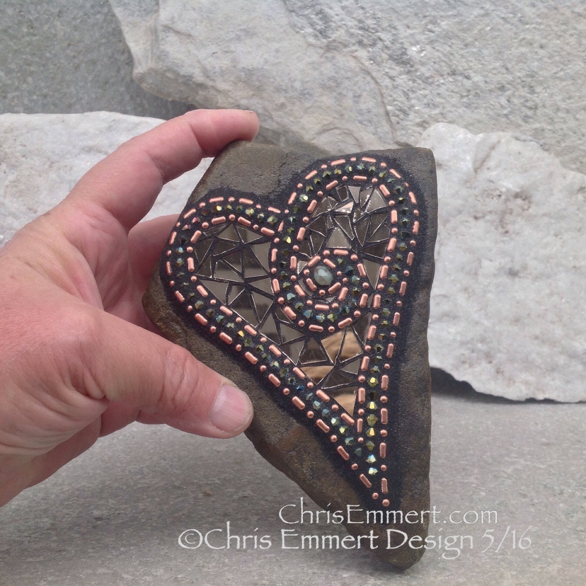 Copper and Bronze Mirror, Heart Mosaic -Garden Stone