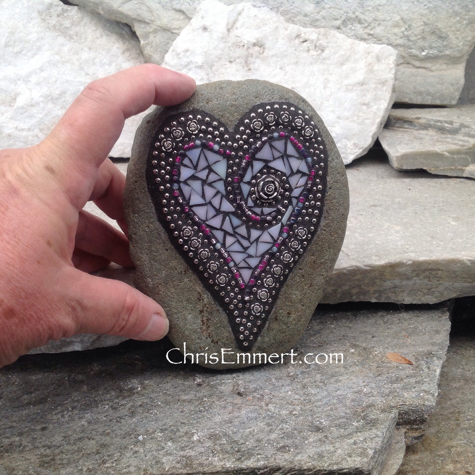 Iridescent White Heart, Roses, Garden Stone, Mosaic, Garden Decor