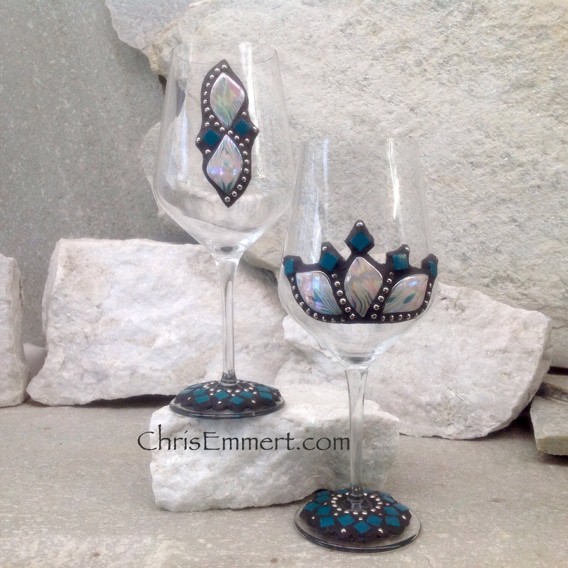 Iridescent White/Pink/Teal and Black Wine Glass Pair