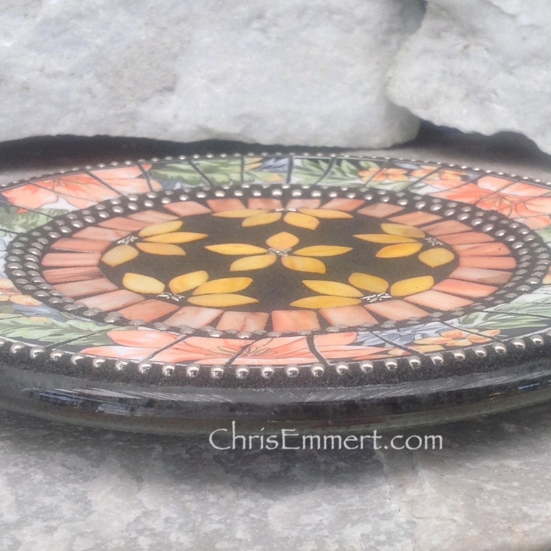 Mosaic Trivet, Candle Plate, Home Decor,  Mixed Media Art, Yellow Orange, Green, Peach and Black