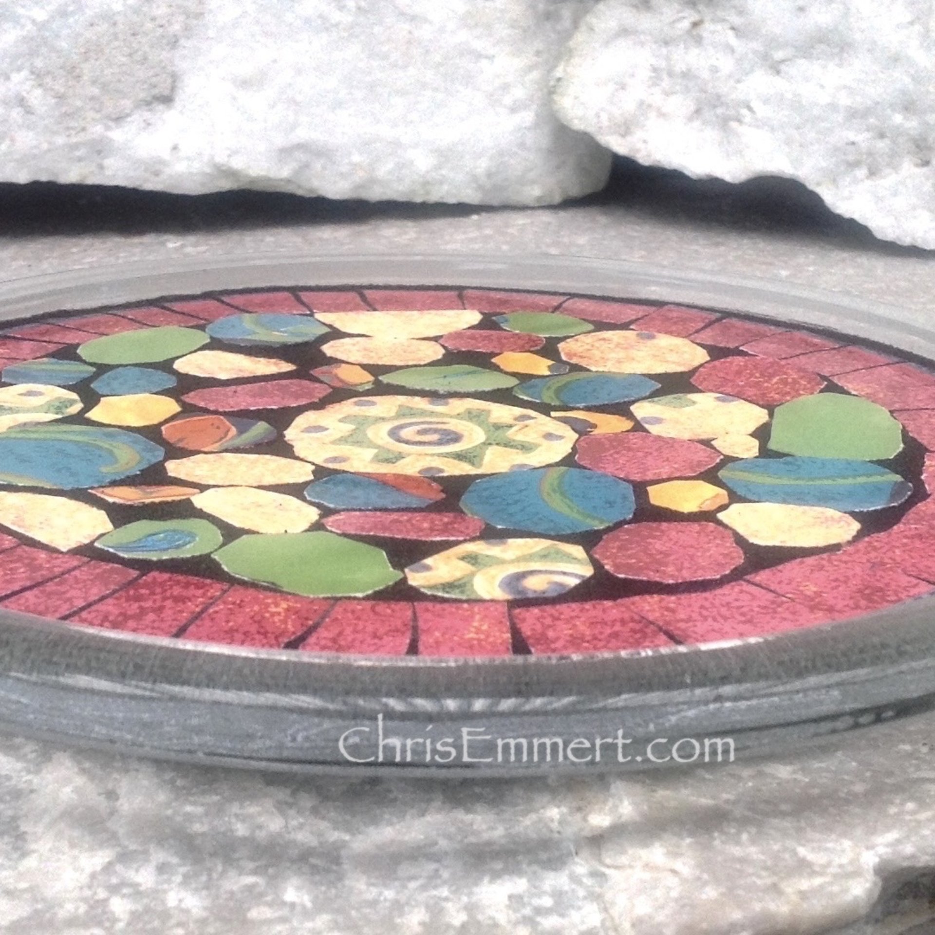 Mosaic Trivet, Candle Plate, Home Decor,  Mixed Media Art, Red, Green, Blue
