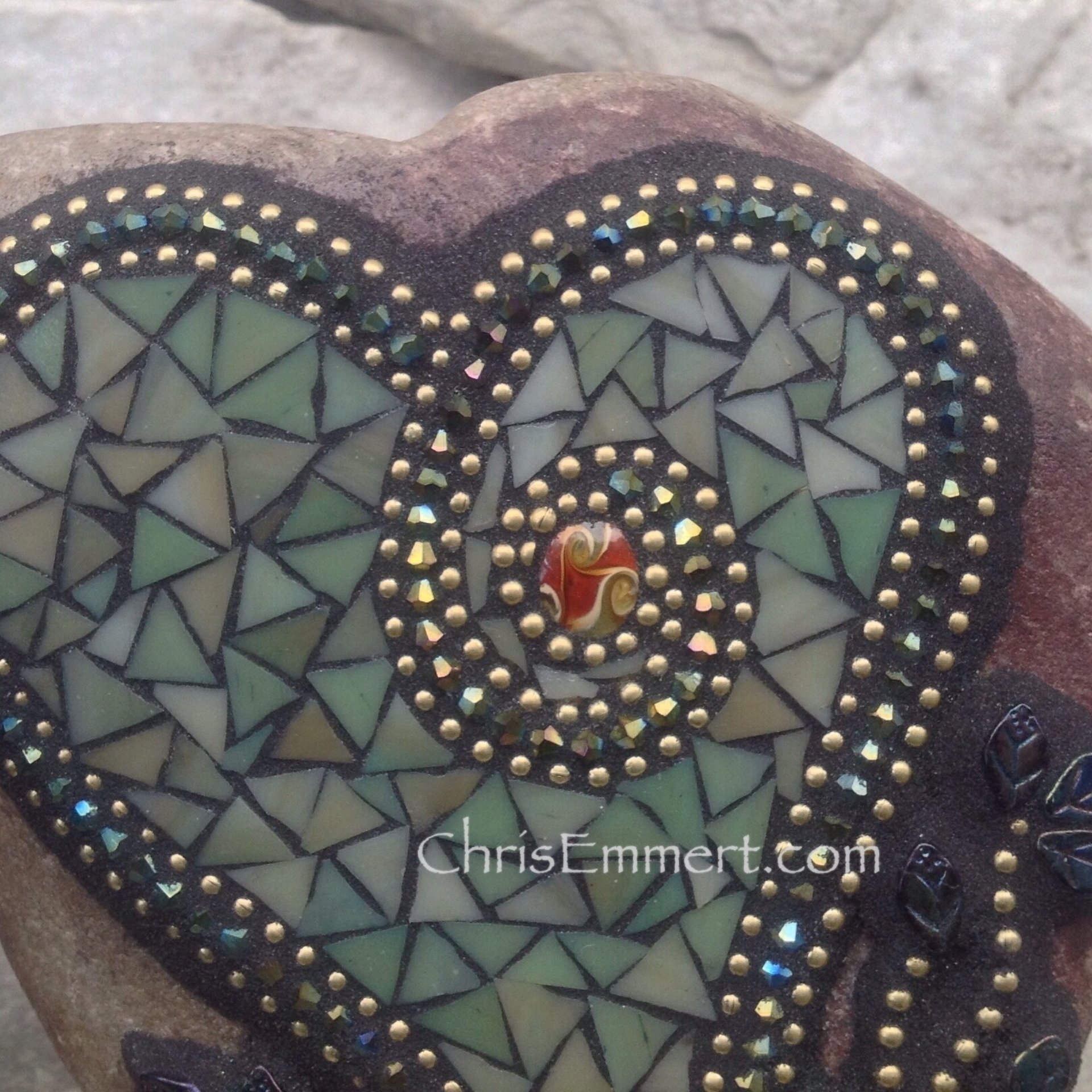 Olive Green Heart, Mosaic Rock, Gardener Gift, Home Decor, Mosaic Garden Stone