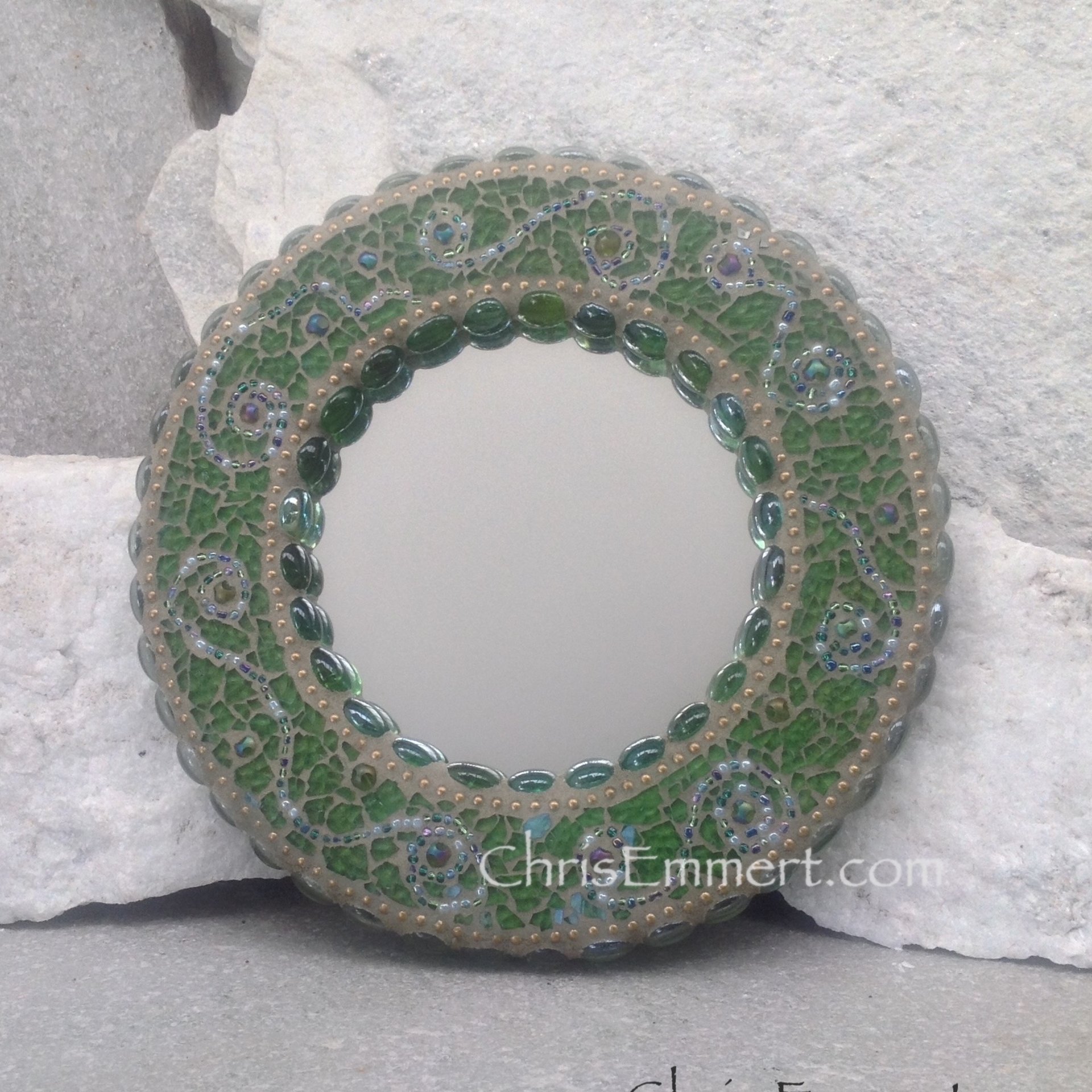 Green Mosaic Mirror, Round Mosaic Mirror, Home Decor, Greens and Gold Mirror, Teen Decor