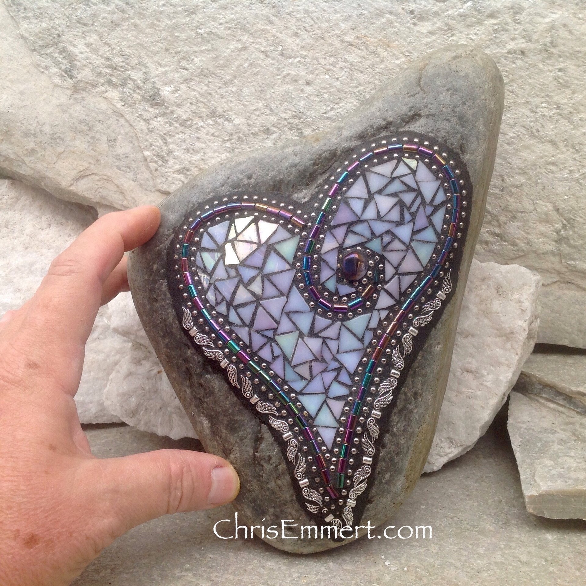 Iridescent White Angel Wing Heart, Garden Stone, Mosaic, Garden Decor