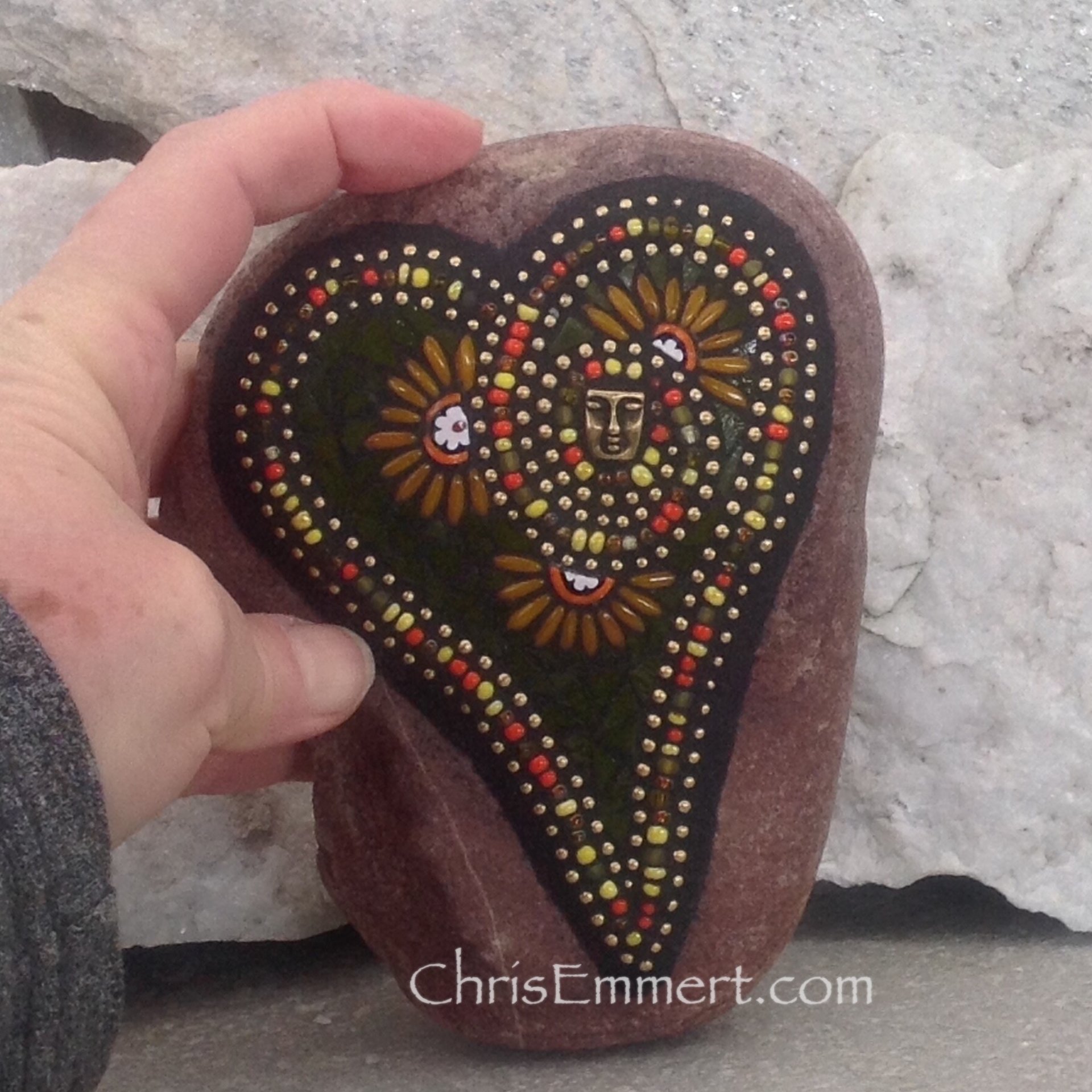 Green Heart with Orange Flowers and Brass Face,  Mosaic Garden Stone