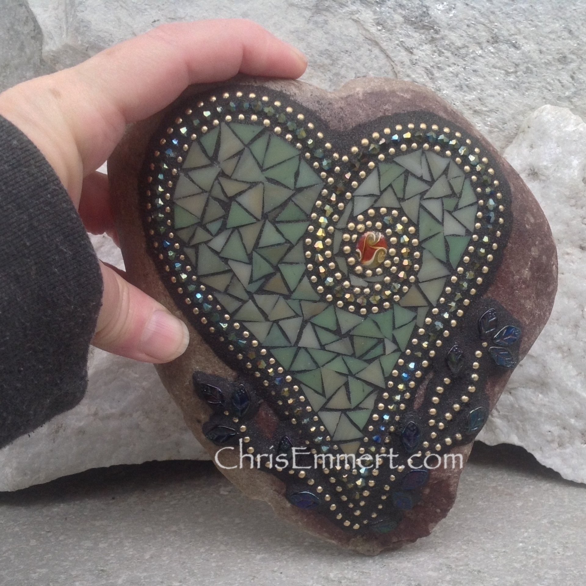 Olive Green Heart, Mosaic Rock, Gardener Gift, Home Decor, Mosaic Garden Stone