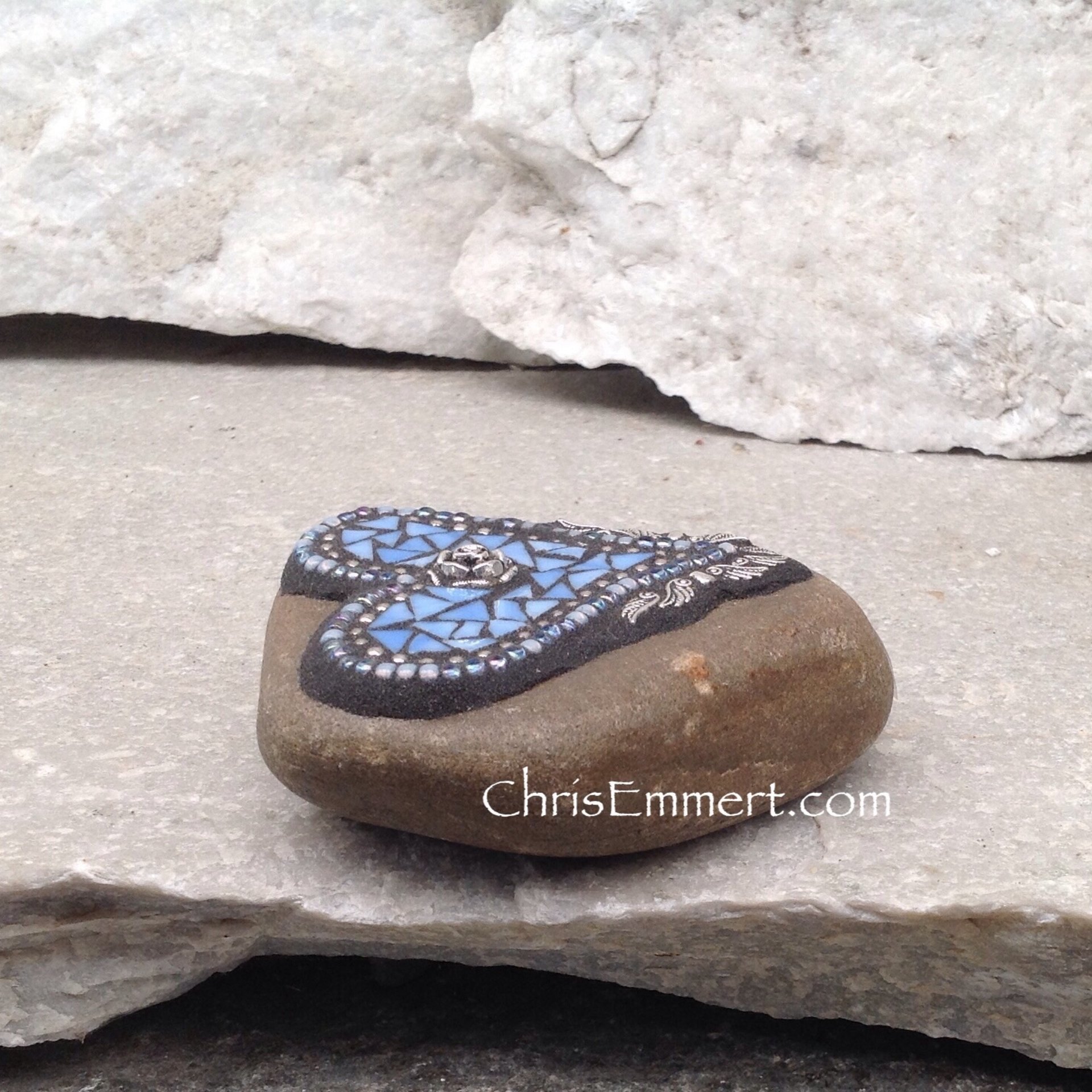 Sky Blue Angel Wing Heart, Paperweight, Garden Stone, Mosaic, Garden Decor