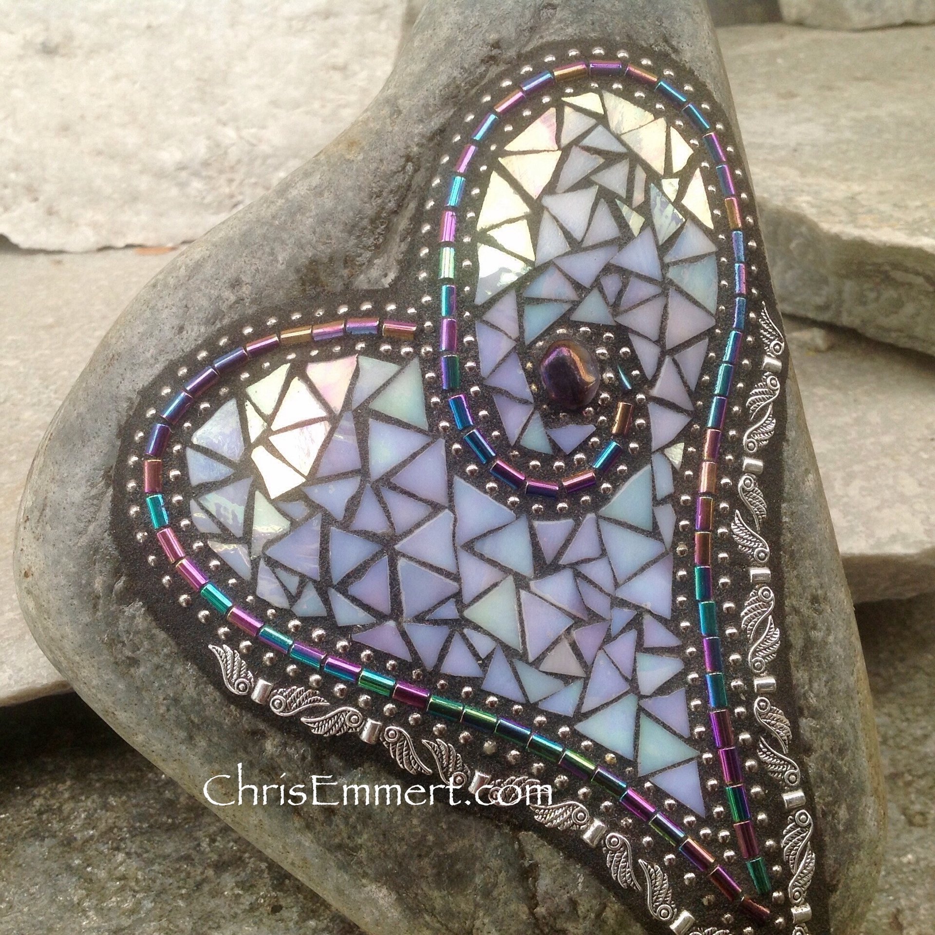 Iridescent White Angel Wing Heart, Garden Stone, Mosaic, Garden Decor