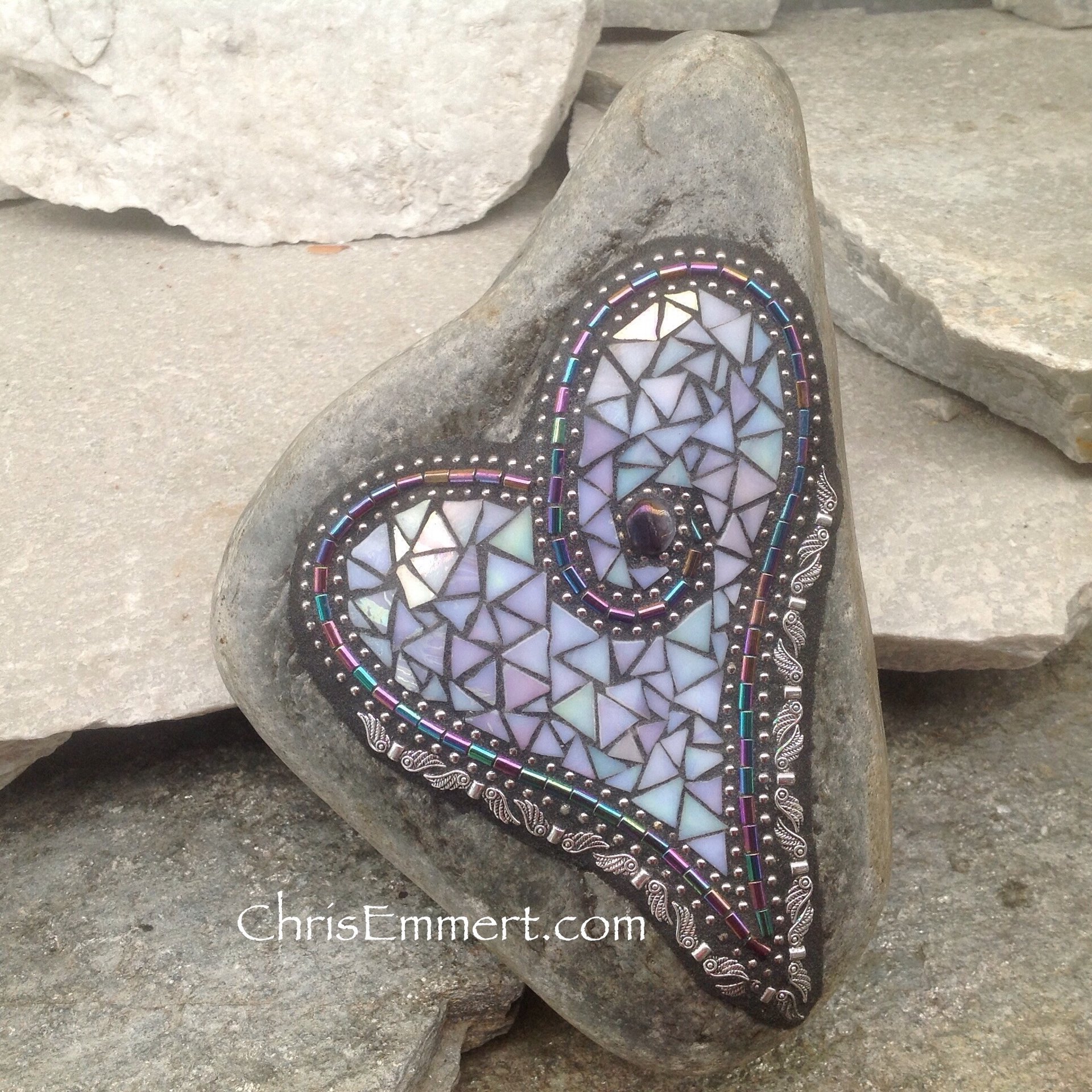 Iridescent White Angel Wing Heart, Garden Stone, Mosaic, Garden Decor