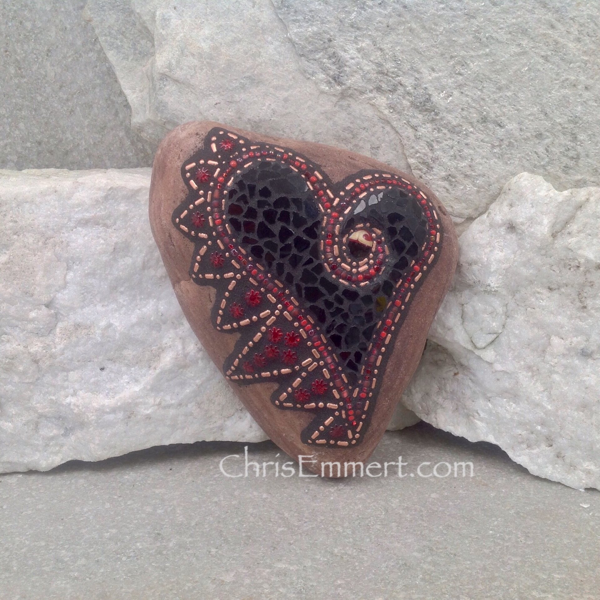 Black Angel Wing Mosaic Heart, Mosaic Rock, Garden Stone, Home Decor, Gardener Gift, Garden Decor,