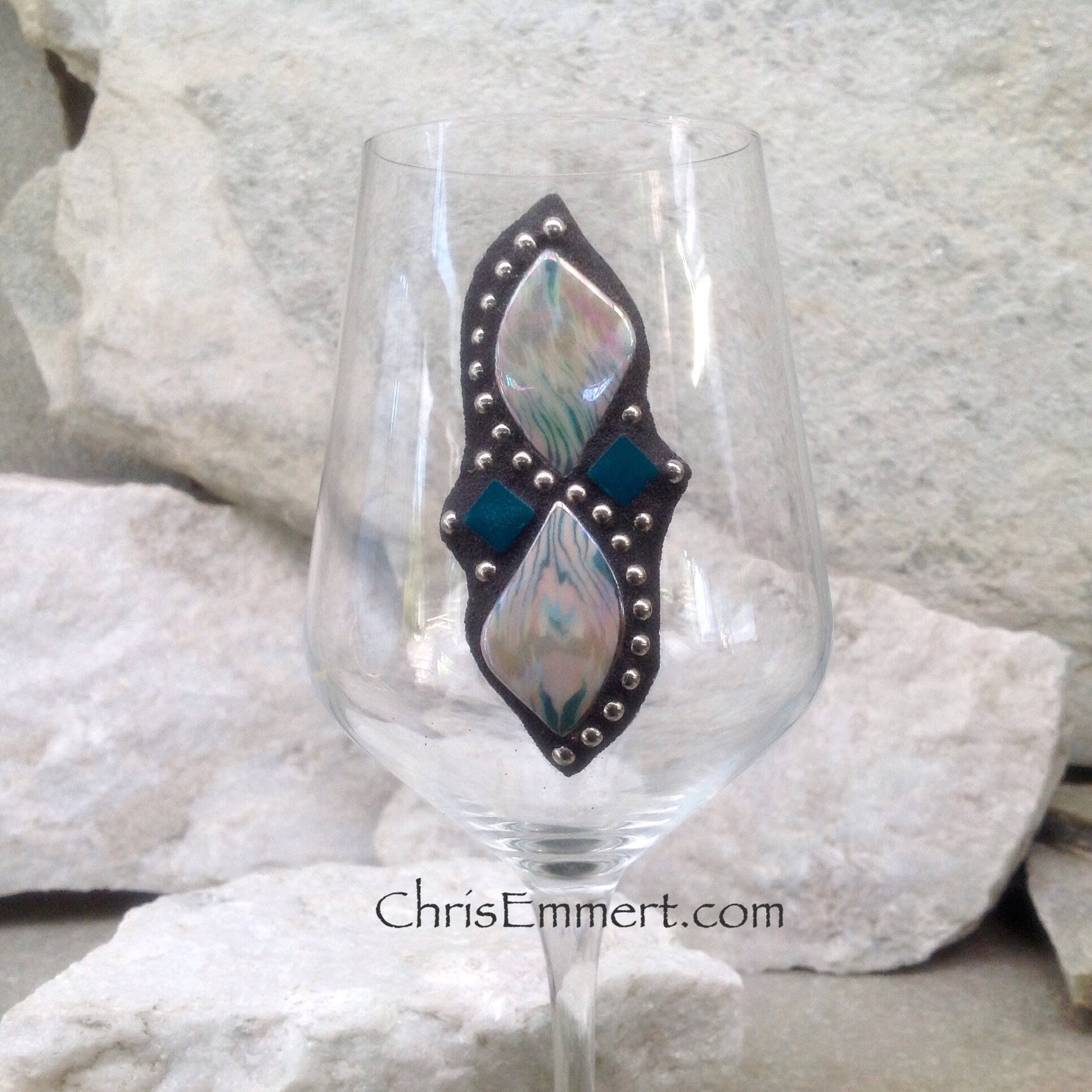 Iridescent White/Pink/Teal and Black Wine Glass Pair