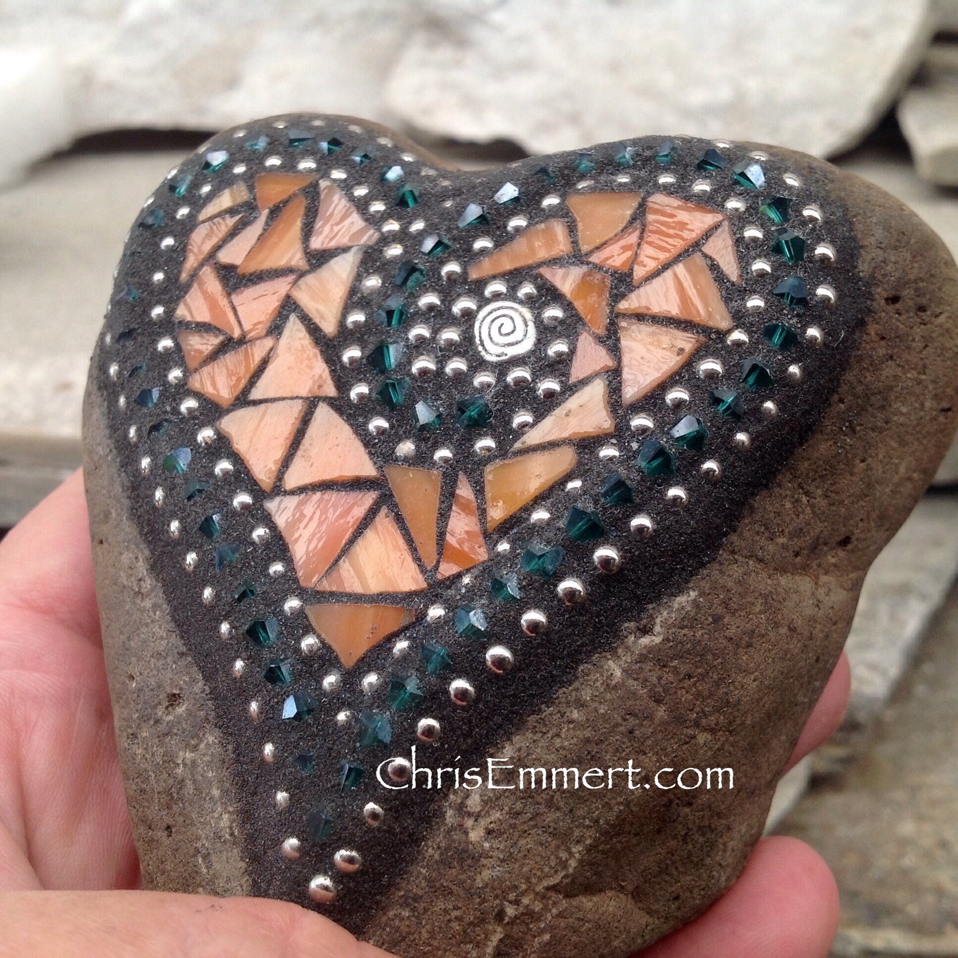 Orange Mosaic Heart, Mosaic Rock, Mosaic Garden Stone, Home Decor, Gardening, Gardening Gift,