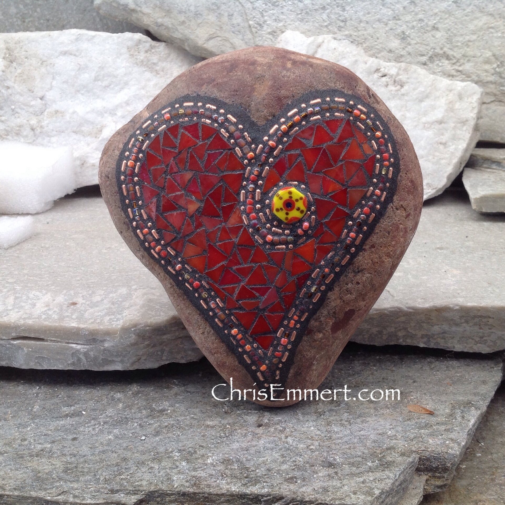 Red/Orange Mosaic Rock, Gardener Gift, Home Decor, Mosaic Garden Stone