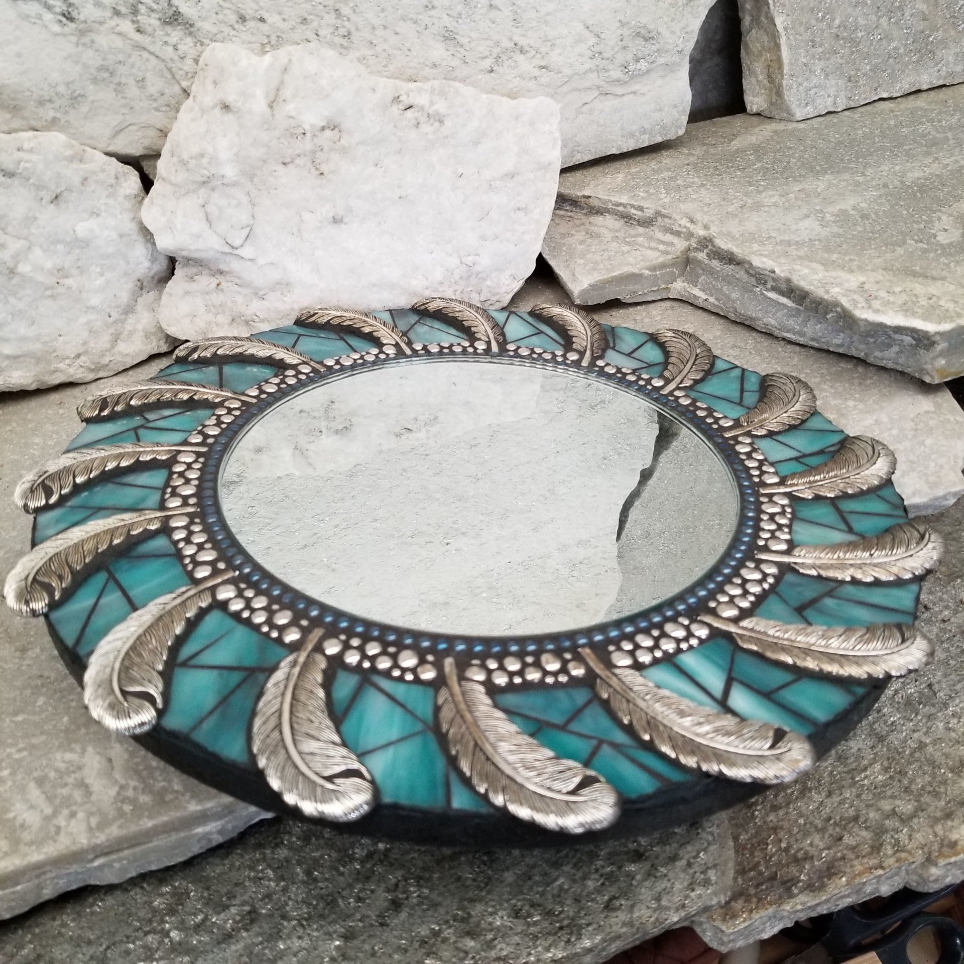 Teal Blue Feather Round Mosaic Mirror, Home Decor