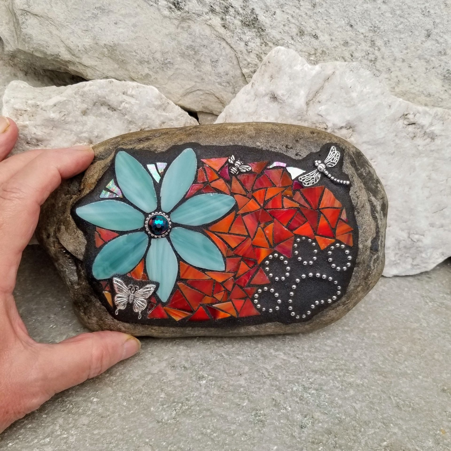 Teal Flower w/Red, Black Paw Print - Garden Stone, Pet Memorial, Garden Decor Dragonflies