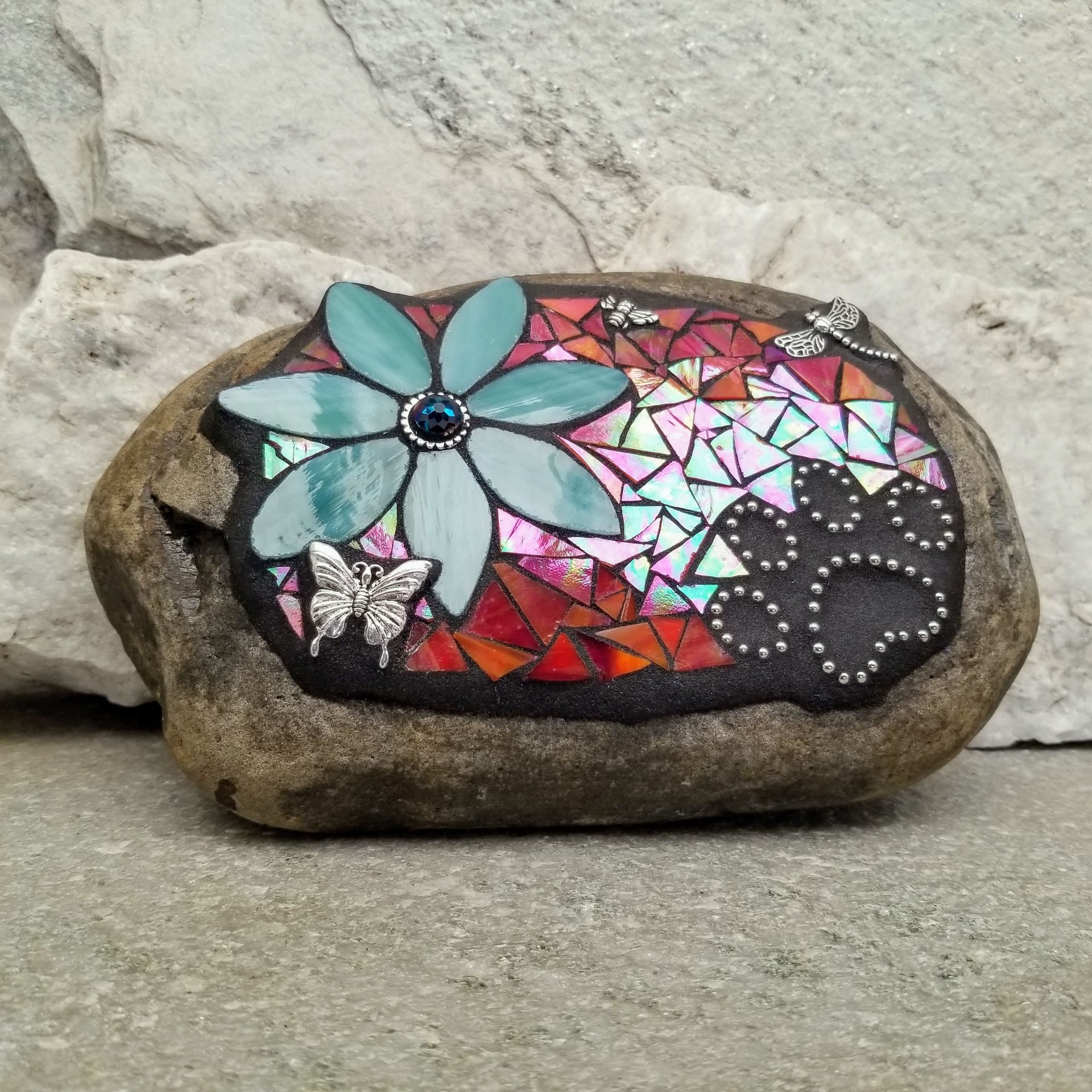 Teal Flower w/Red, Black Paw Print - Garden Stone, Pet Memorial, Garden Decor Dragonflies