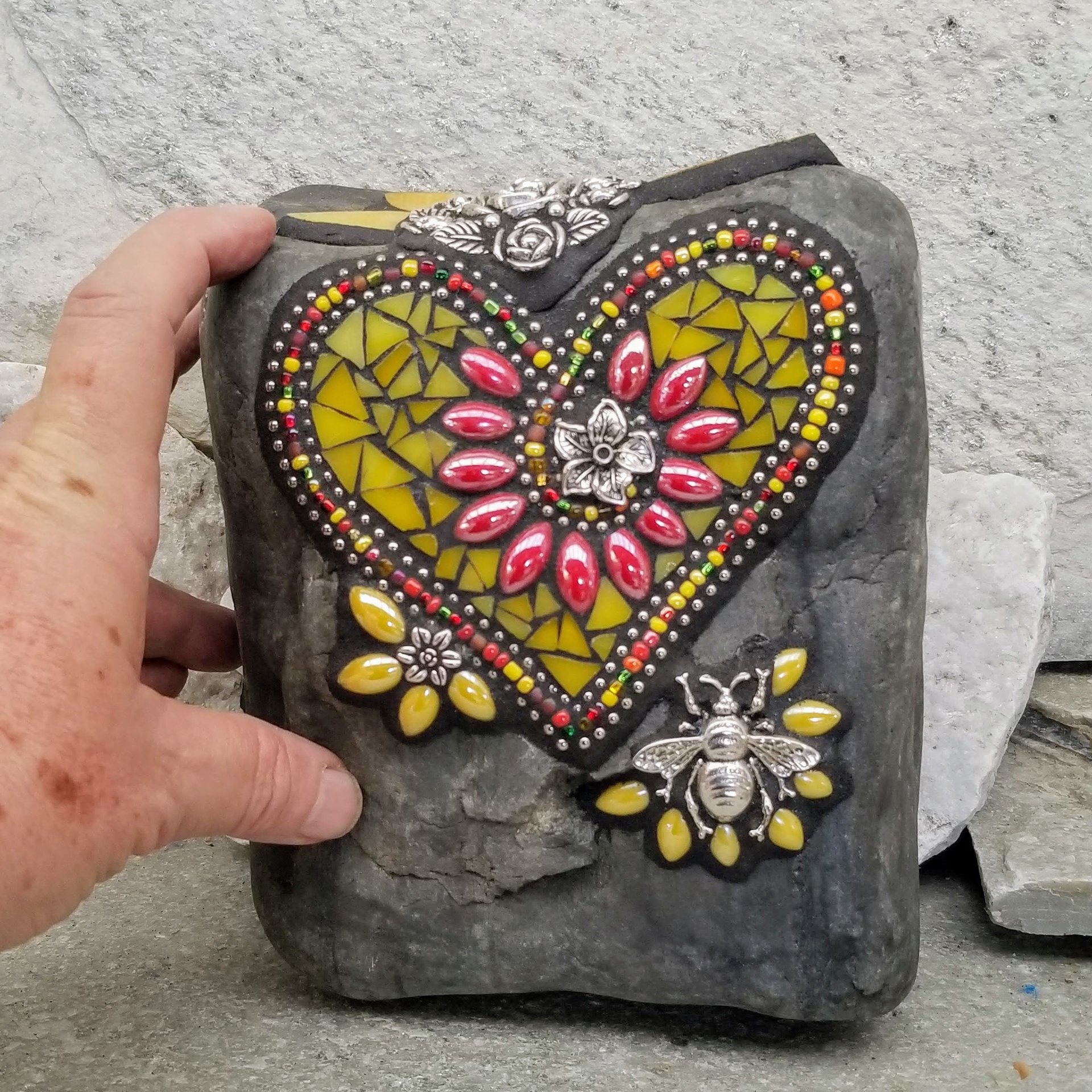 Yellow Mosaic Heart, Bee and Flowers Garden Stone, Garden Decor