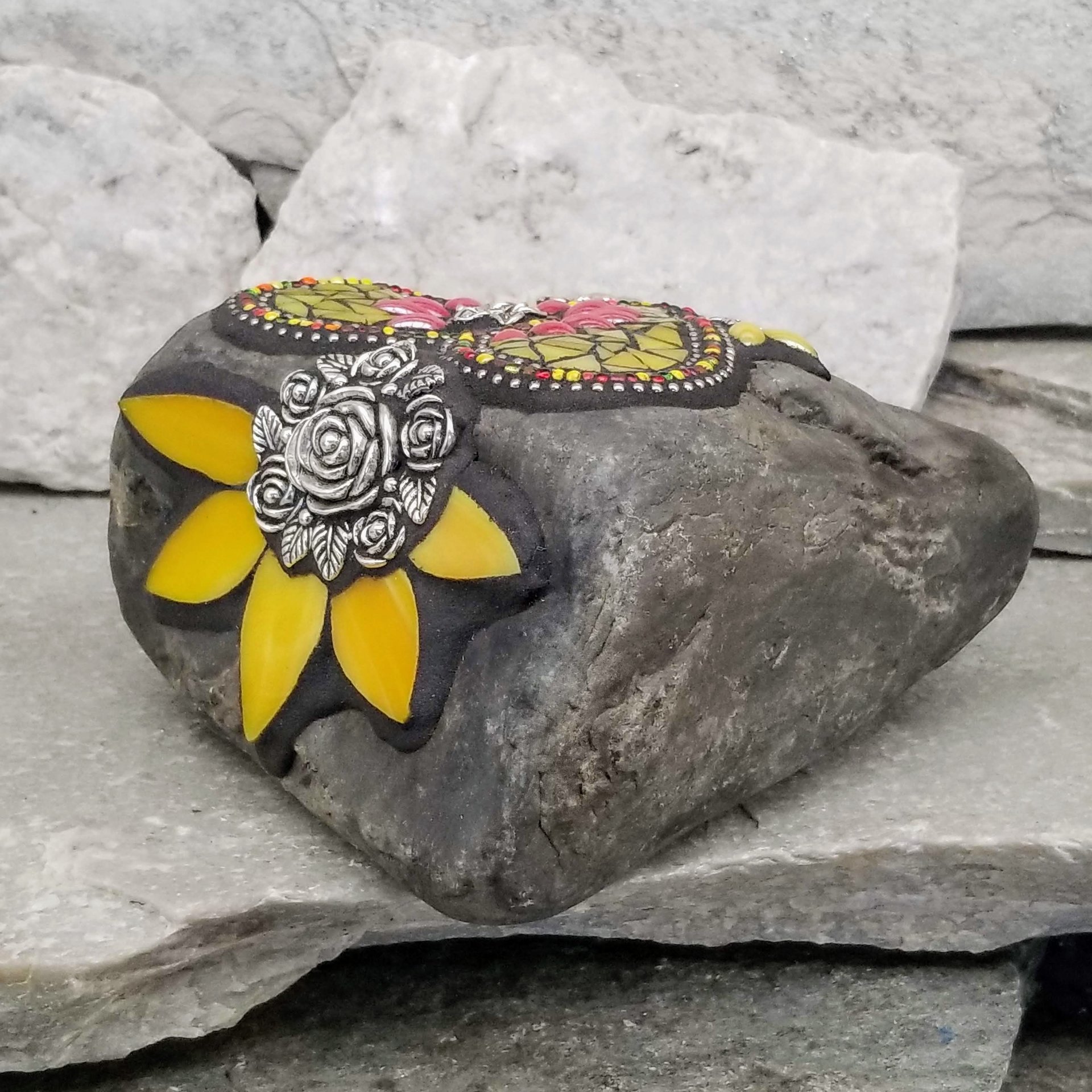 Yellow Mosaic Heart, Bee and Flowers Garden Stone, Garden Decor
