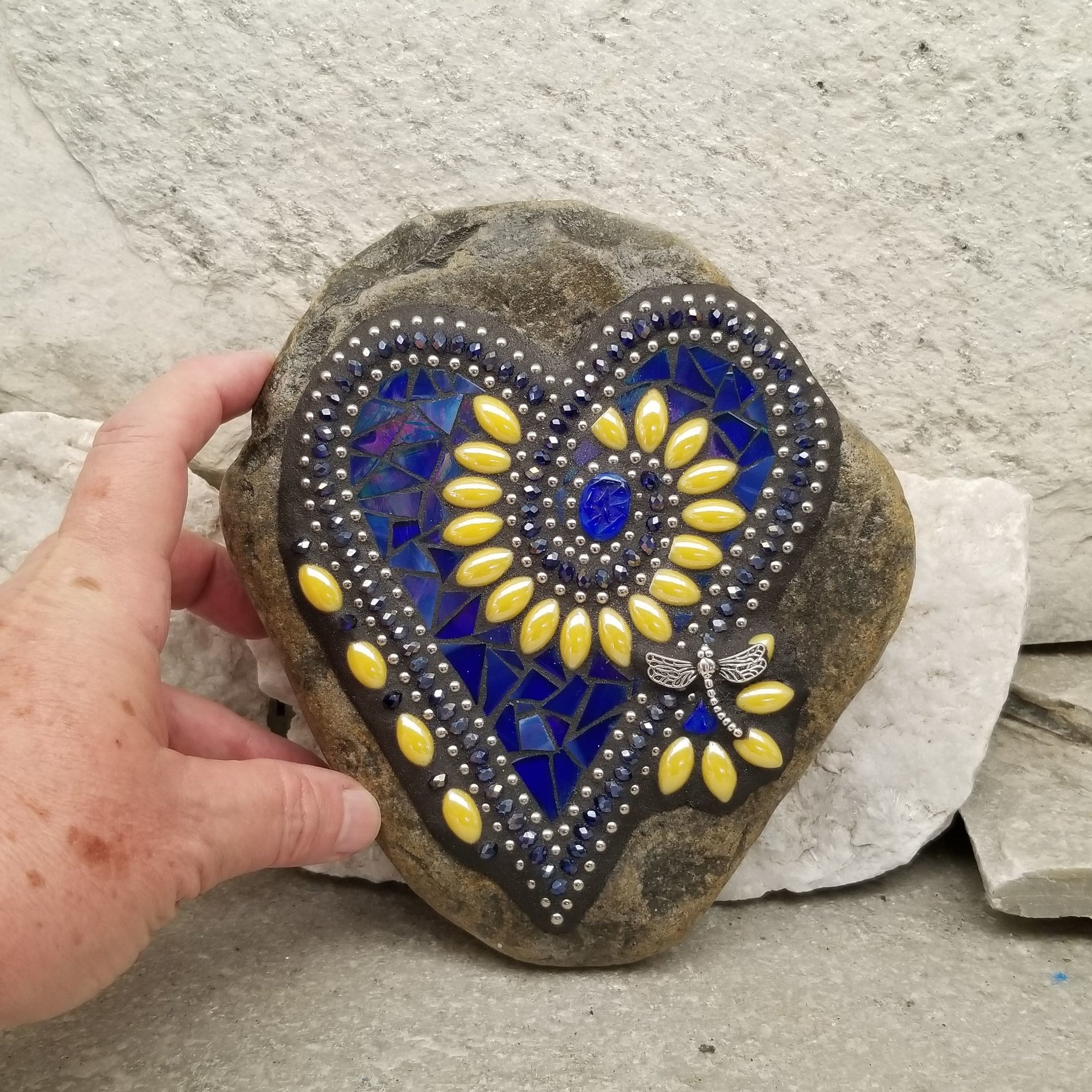 Iridescent Dark Blue Mosaic Heart Garden Stone, Mosaic Garden Decor Yellow Flowers