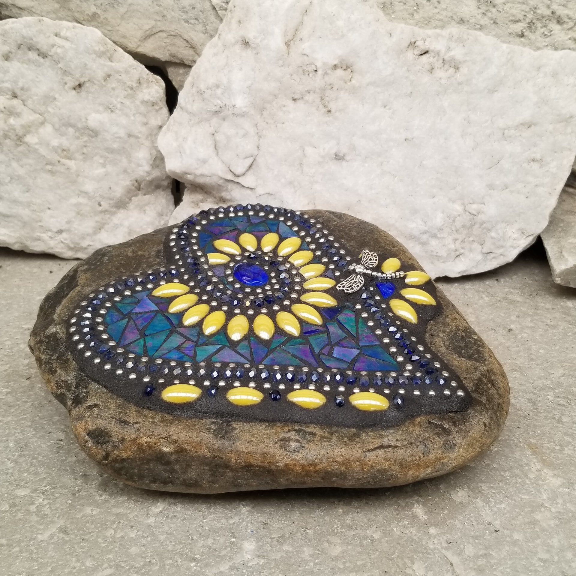 Iridescent Dark Blue Mosaic Heart Garden Stone, Mosaic Garden Decor Yellow Flowers