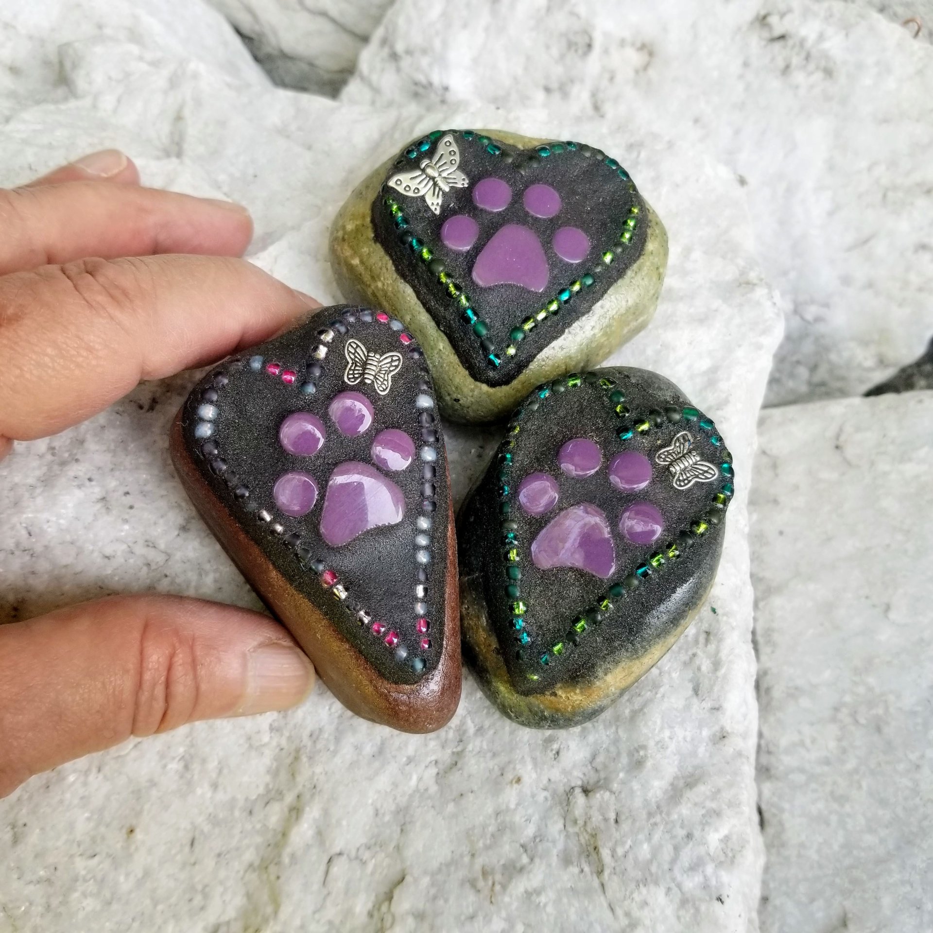 3 Little Purple Paw Prints, Garden Stone, Pet Memorial, Garden Decor